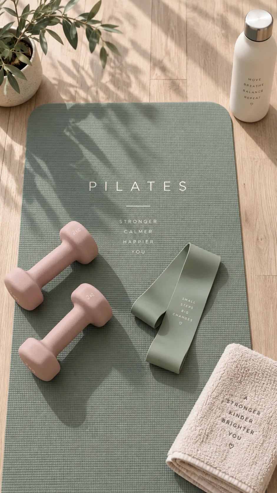 Overhead flat-lay view of a Pilates mat with light hand weights and a resistance band arranged neatly, minimalist aesthetic, soft natural light casting gentle shadows, clean wooden floor background