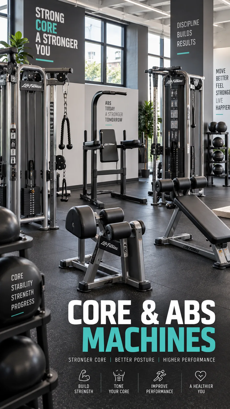 A well-lit modern gym interior showing multiple core and abs machines including cable machines, captain