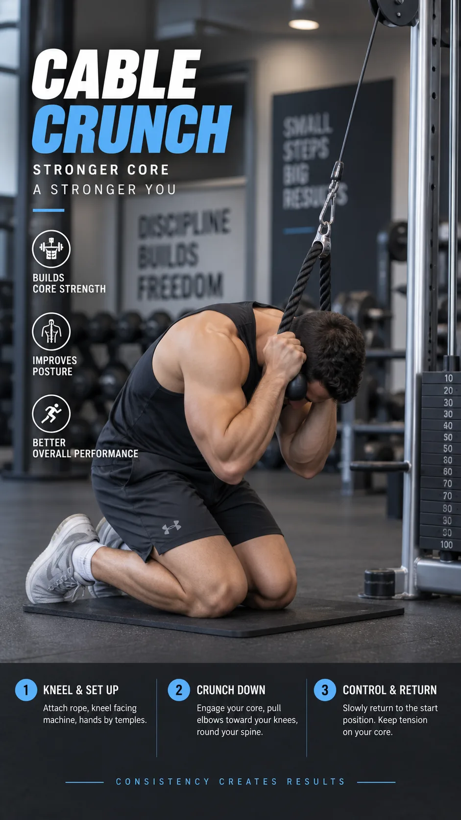 A person kneeling at a cable machine performing a cable crunch exercise with proper form, elbows toward knees, rope attachment visible, gym environment with soft background blur, instructional fitness photography style