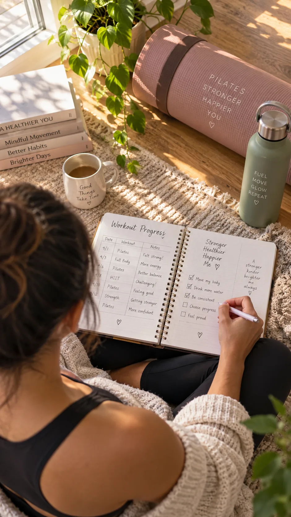 A person journaling their workout progress in a notebook next to a rolled-up Pilates mat and water bottle, warm morning light streaming through a window, cozy home environment, overhead angle