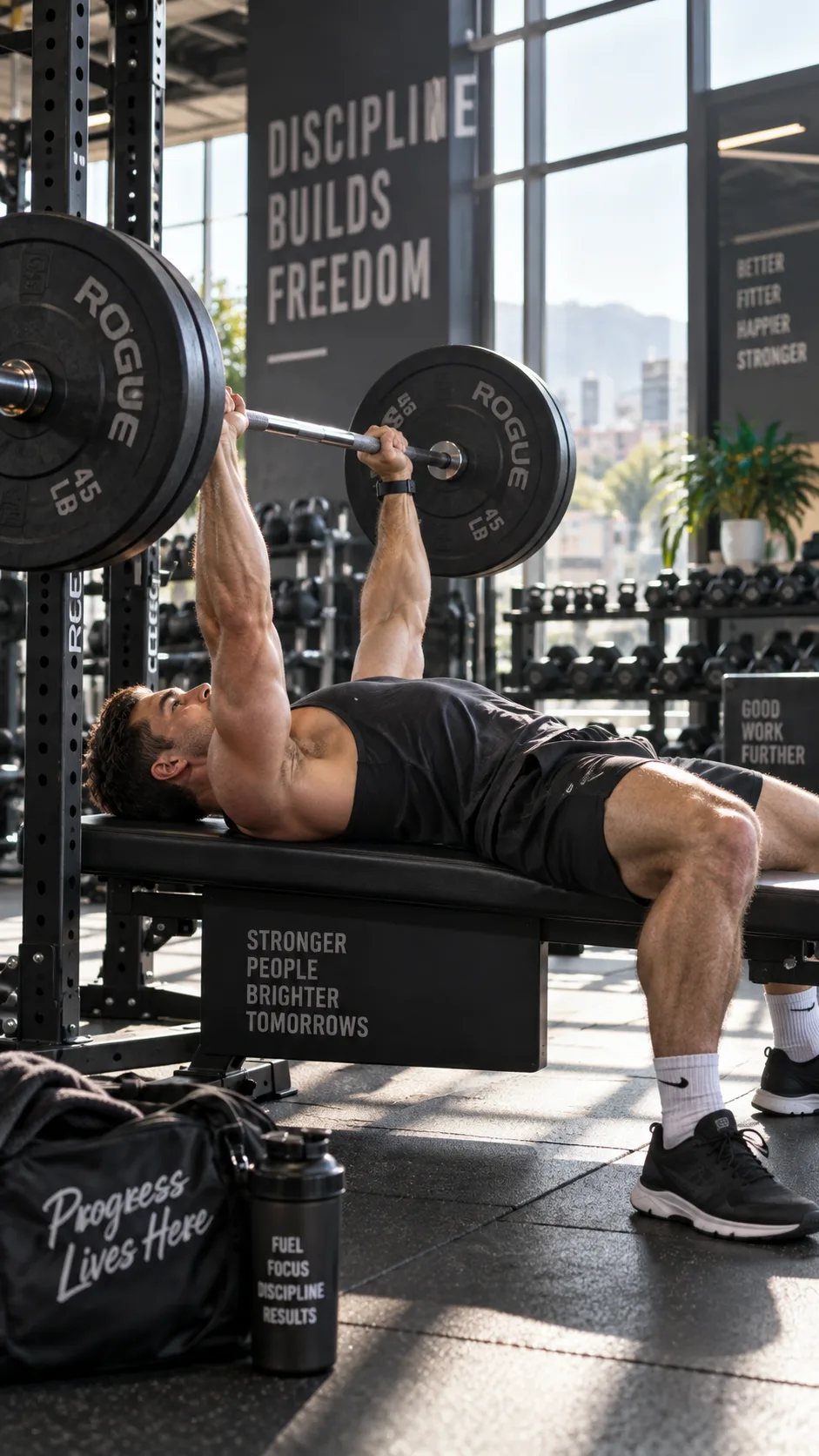 Athletic person performing a barbell bench press in a well-lit modern gym, side angle showing proper form with chest engaged, dramatic natural lighting from gym windows