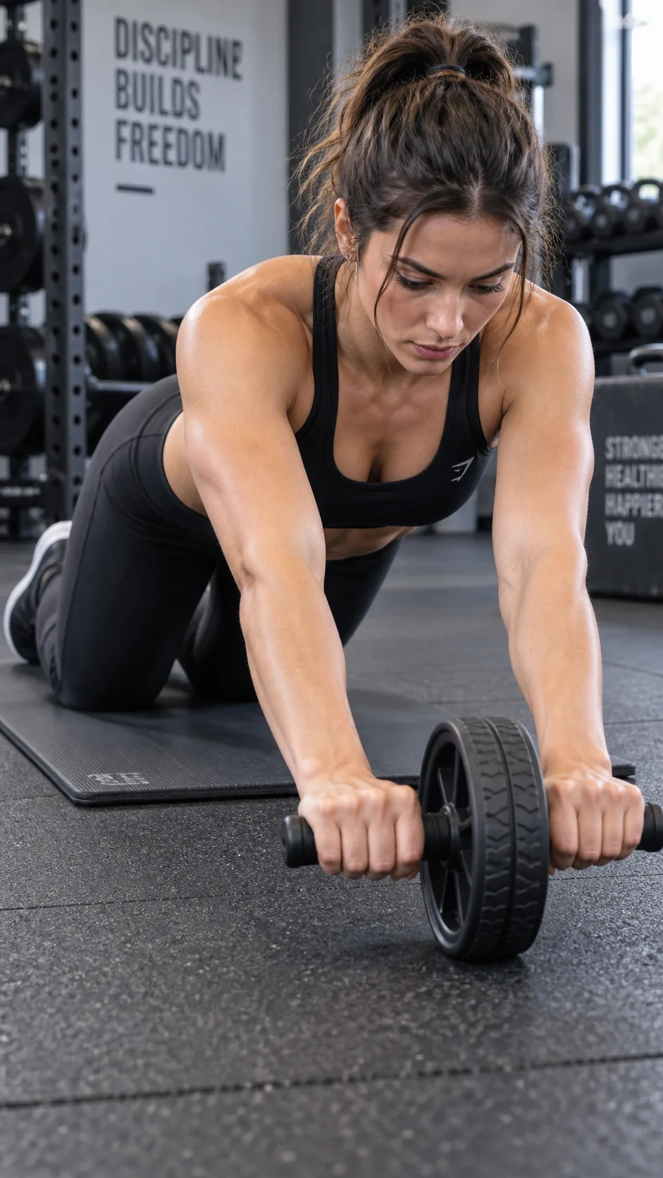 A person kneeling on a gym mat using an ab wheel rollout machine, body extended forward with neutral spine, focused expression, gym rubber floor, close-up view showing core engagement, clean fitness photography