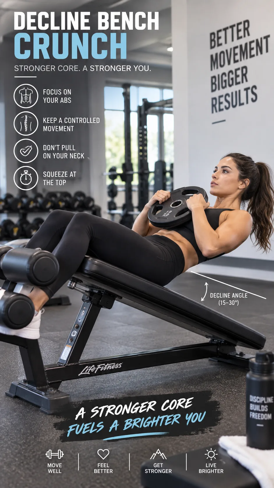 A person performing a decline bench crunch at the gym, holding a weight plate on their chest, decline angle visible, correct form with controlled movement, bright gym environment, educational fitness photo style