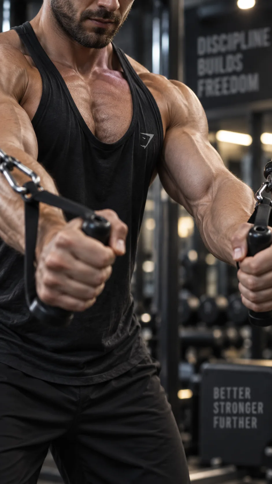 Close-up of hands gripping cable machine handles performing cable chest flyes, muscles visibly contracted, gym environment with soft bokeh background lighting