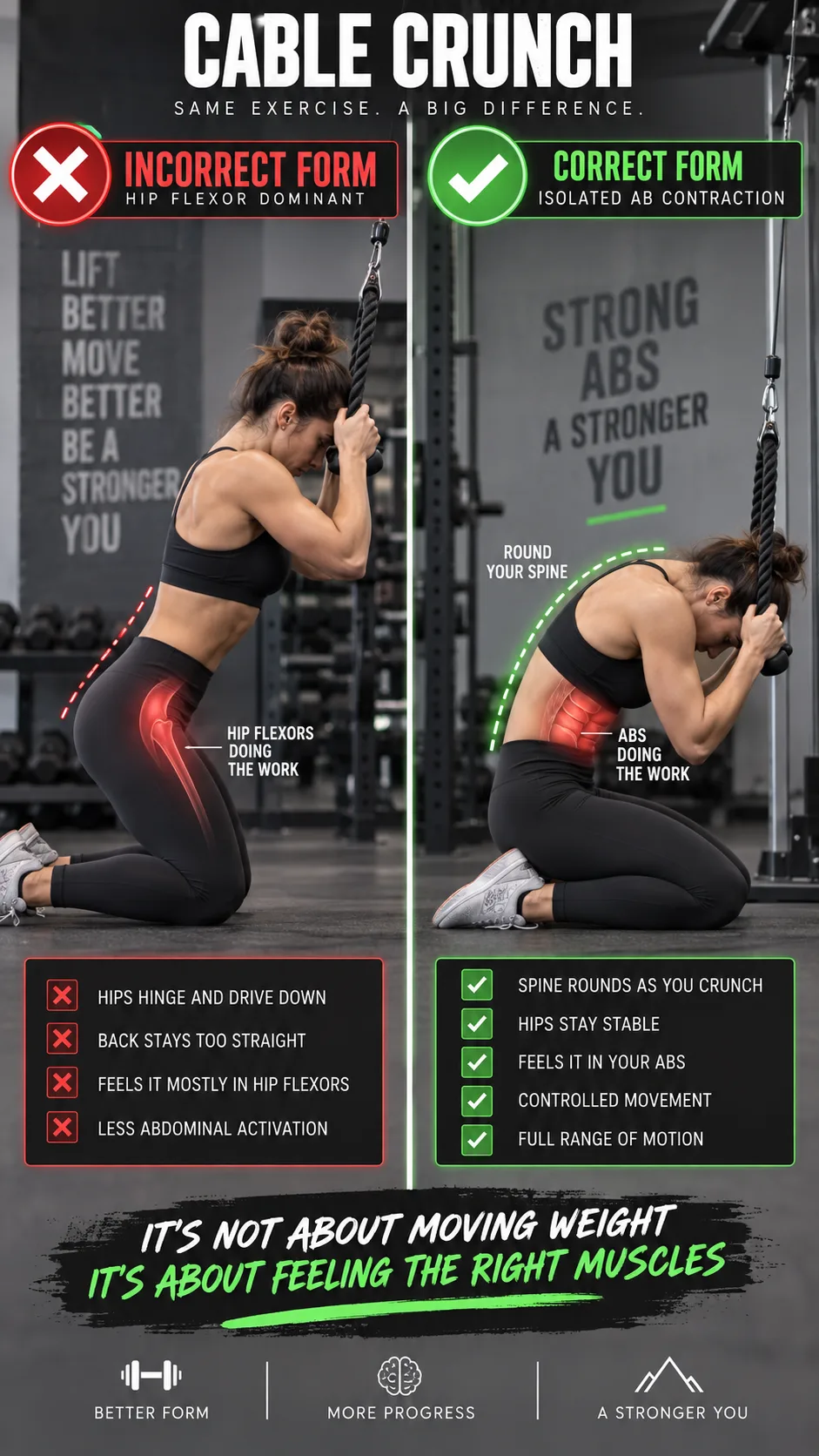 A split comparison fitness infographic style photo showing incorrect vs correct form during a cable crunch exercise in a gym, left side showing poor hip flexor-dominant form, right side showing proper isolated ab contraction, clean instructional style