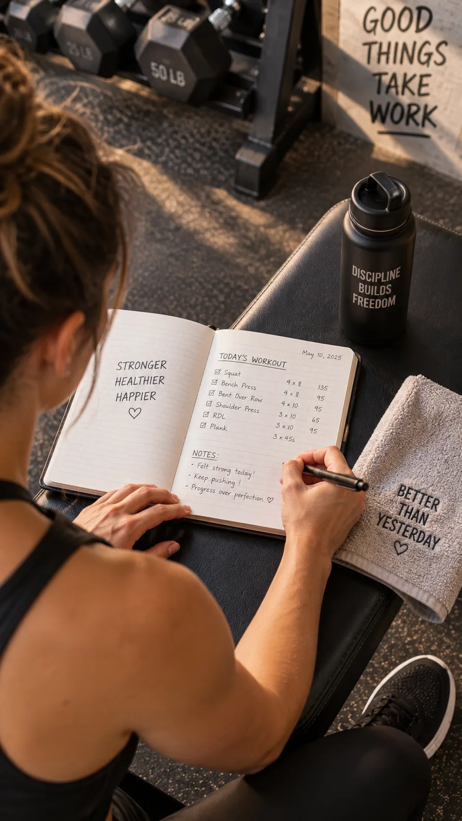 Person writing workout notes in a training journal at a gym bench, pen in hand, dumbbells visible in background, warm natural lighting, overhead perspective