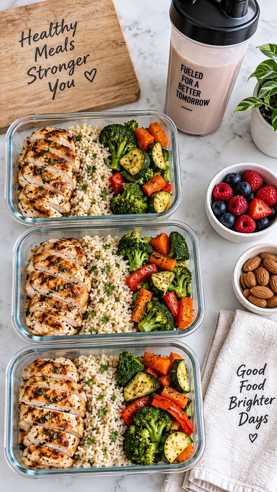 Overhead flat-lay photograph of a healthy high-protein meal prep spread including grilled chicken, rice, vegetables, and a protein shake on a clean kitchen counter, bright natural lighting