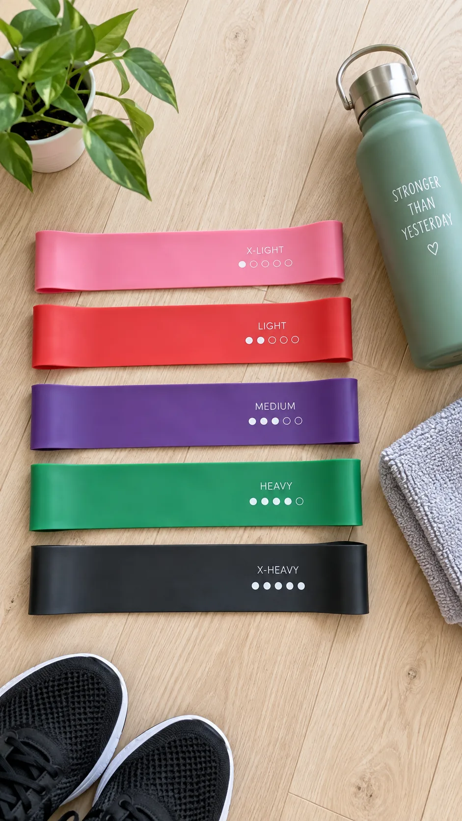 Flat lay photography of resistance bands in different colors and thicknesses arranged neatly on a light wooden floor next to a water bottle and small towel, clean bright overhead lighting