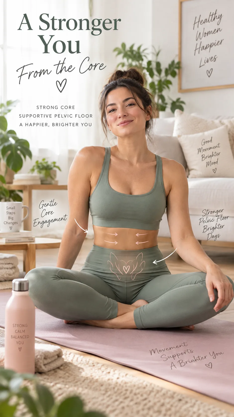 A woman in comfortable workout clothing sitting on a yoga mat in a bright, calming living room, looking relaxed and confident, with subtle emphasis on gentle core engagement and pelvic floor awareness
