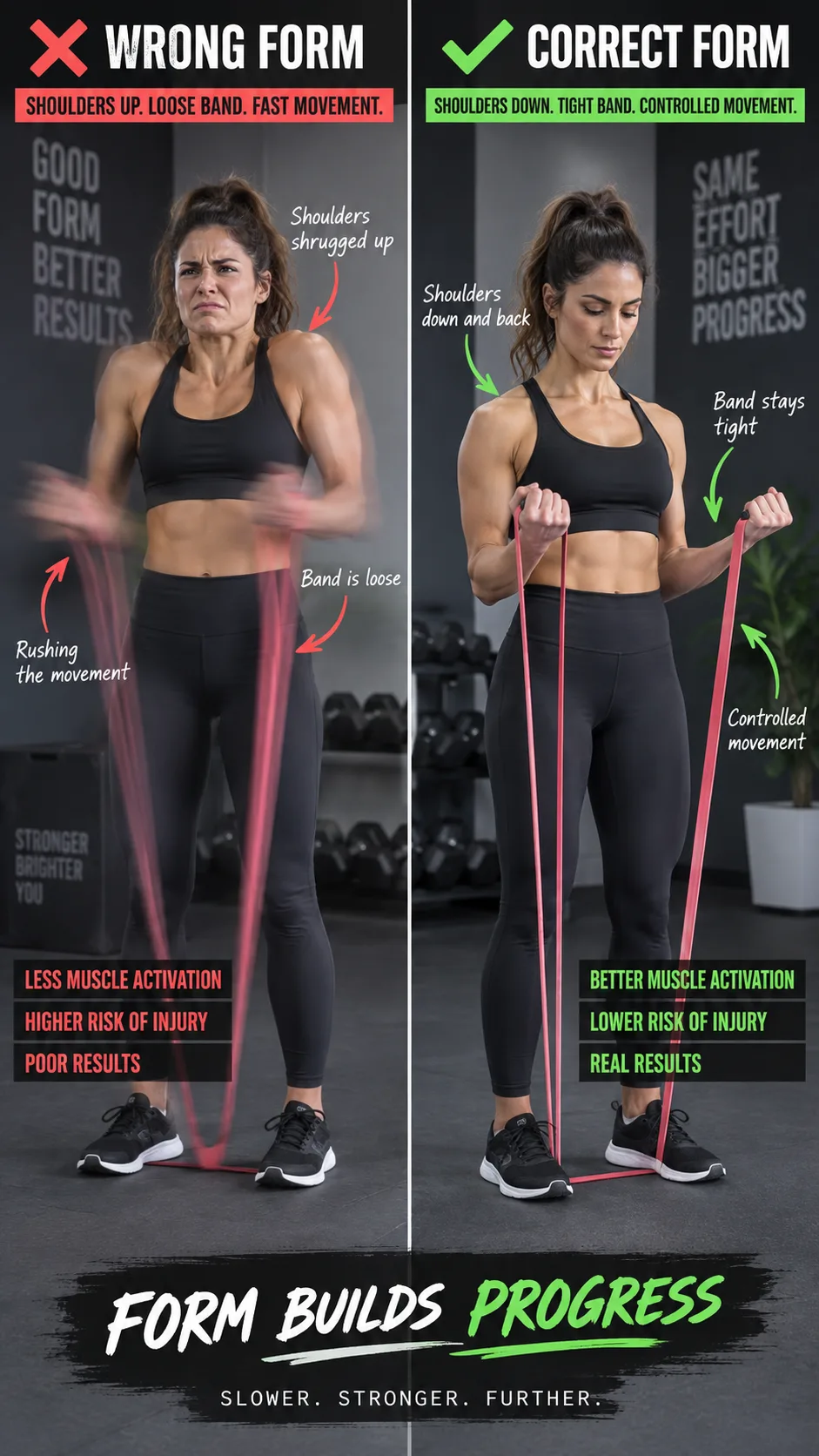 Split image showing incorrect resistance band form on left (shoulders shrugged up, loose band, fast motion blur) versus correct form on right (shoulders down, tight band, controlled movement), educational fitness photography style