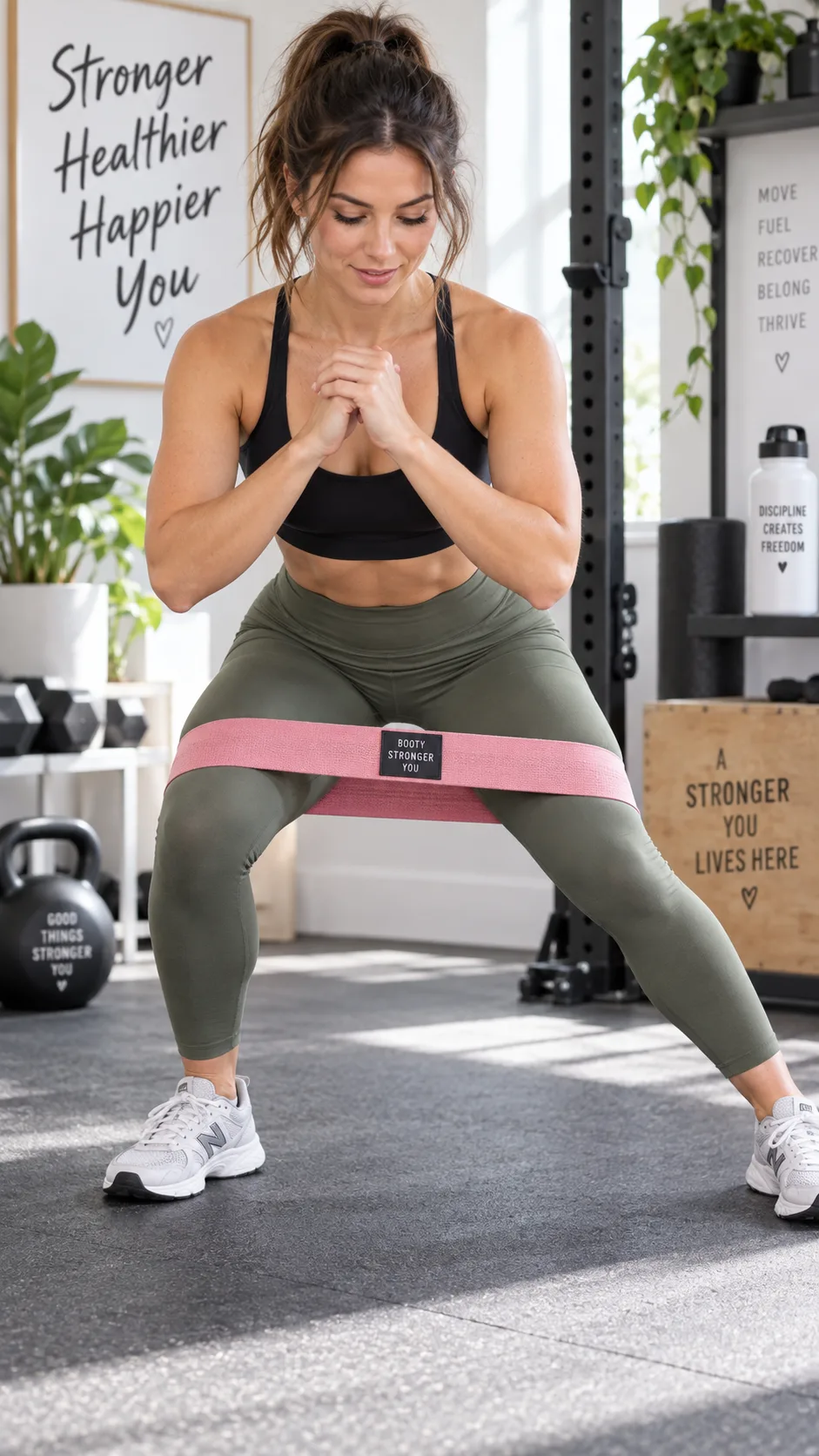 Close-up of a woman performing banded lateral walks with a resistance band around her thighs in a bright home gym setting, showing proper squat position and band tension