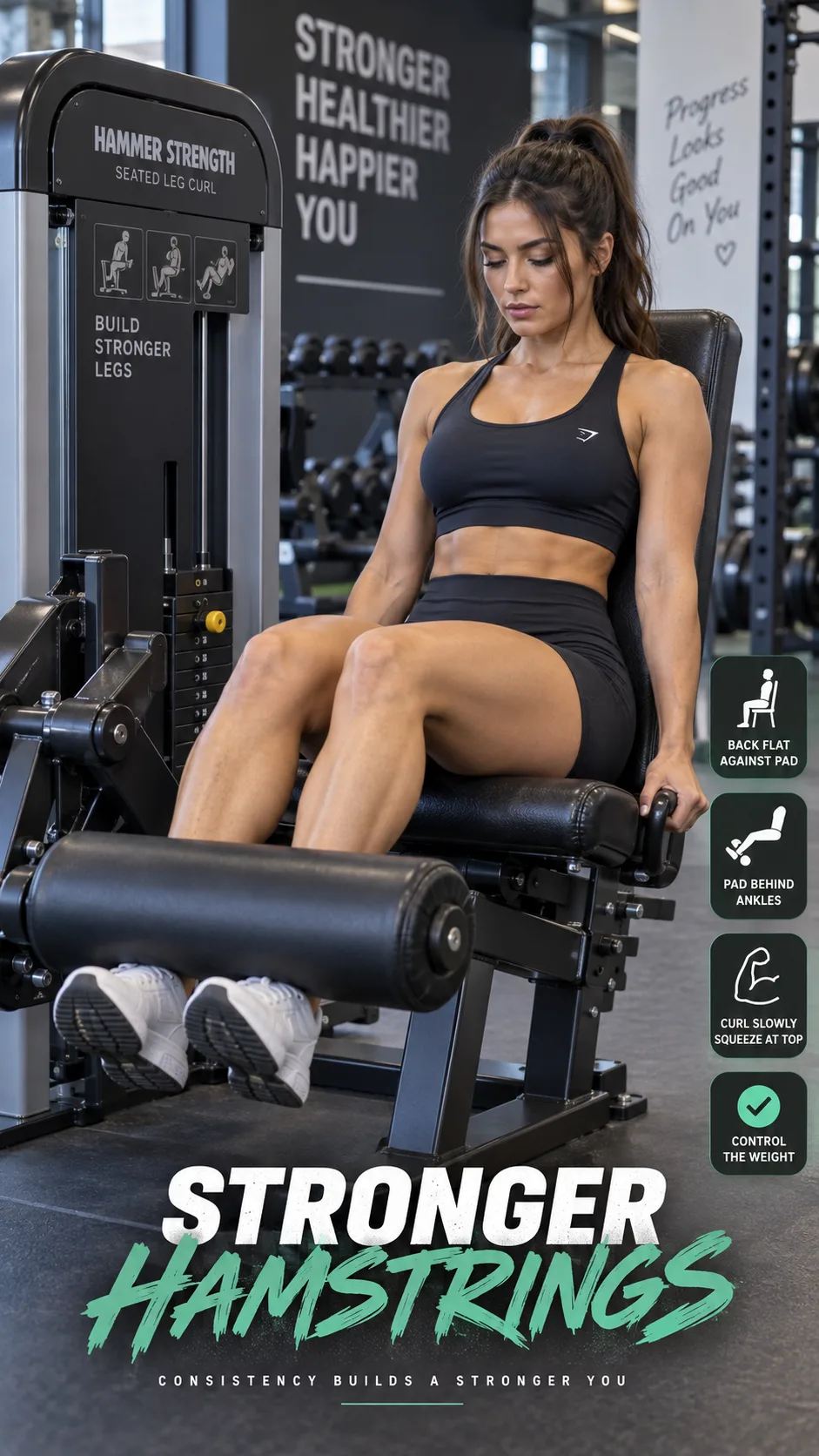 Woman using a seated leg curl machine in a well-equipped gym, showing proper positioning with back flat against pad, focused on the contraction