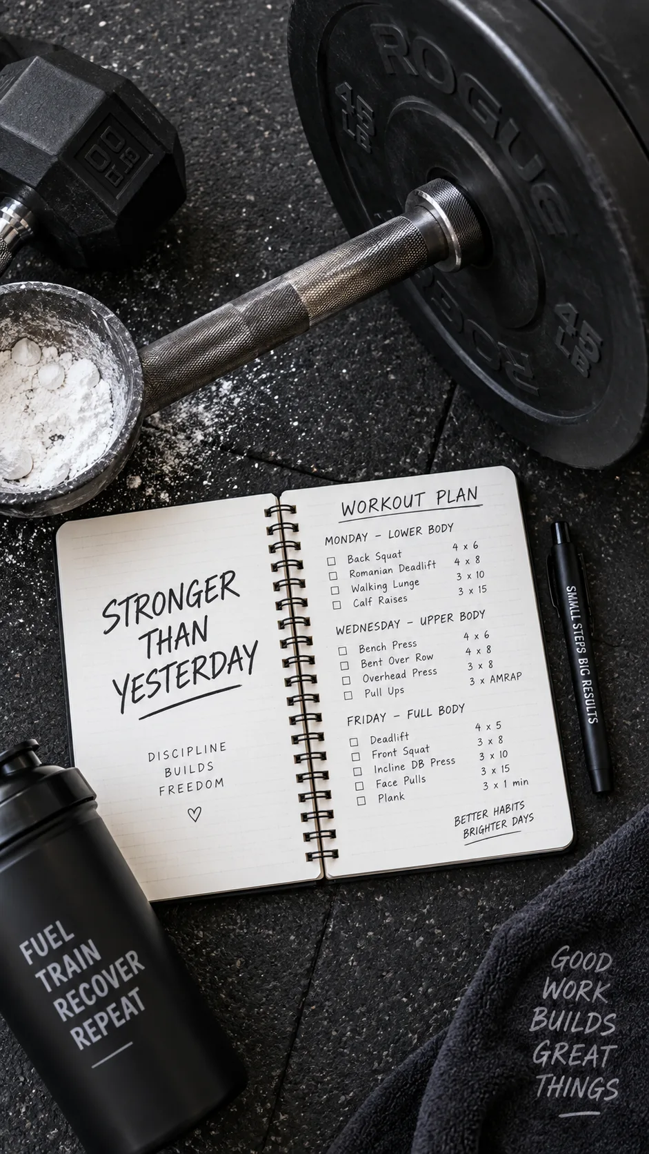 Overhead flat lay of a gym workout plan notebook beside a barbell and lifting chalk, fitness planning aesthetic, clean gym floor background