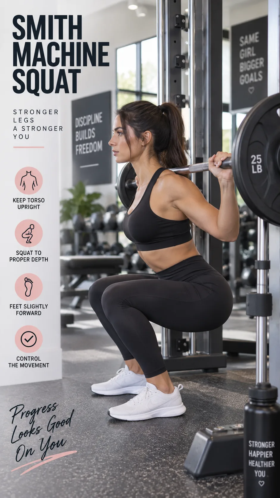Side view of a fit woman performing a Smith Machine back squat with feet positioned slightly forward, demonstrating proper depth and upright torso in a well-lit gym setting