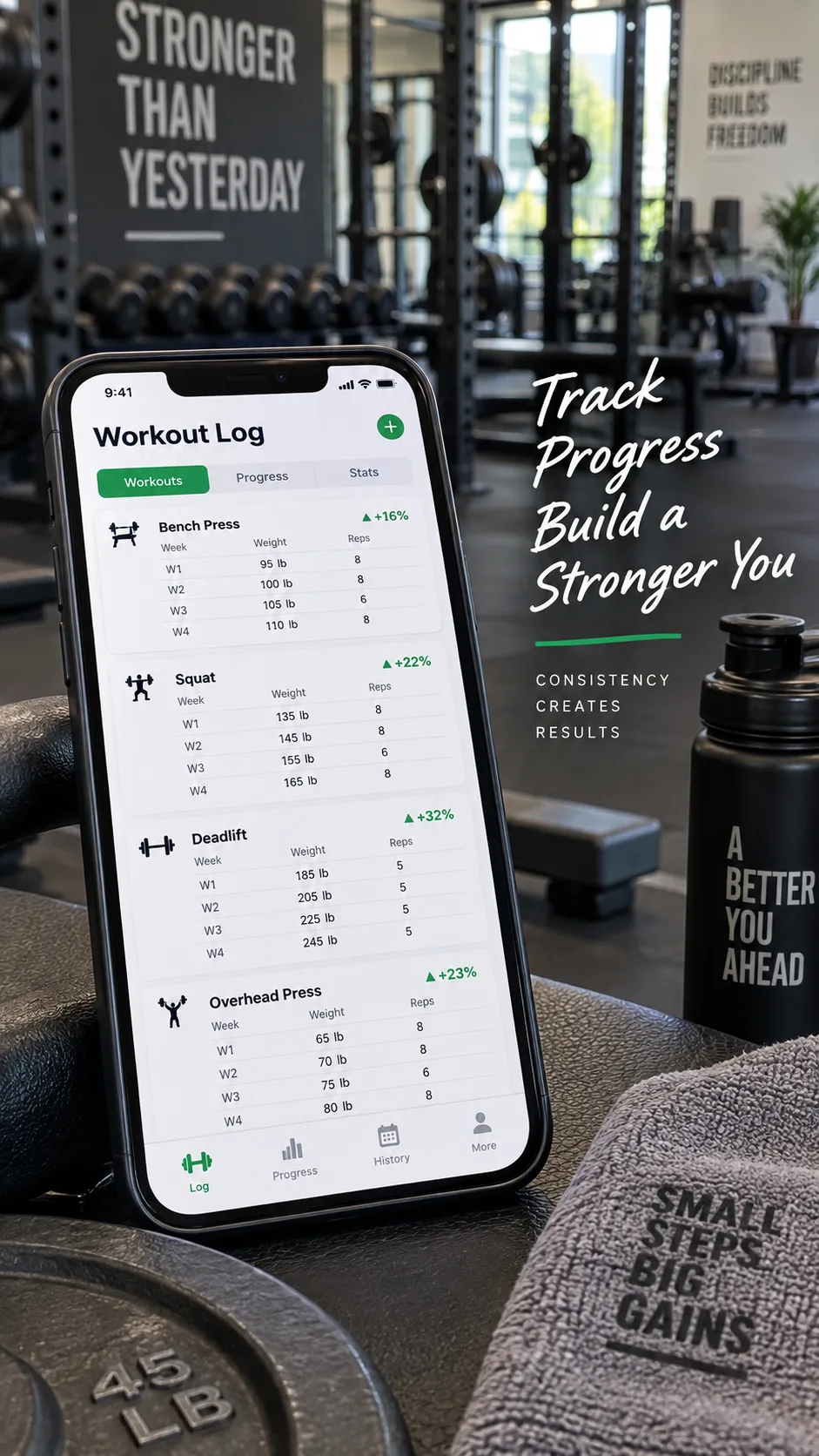 Notebook or phone app showing a workout log with progressive weights and reps tracked over several weeks, gym setting in background slightly blurred