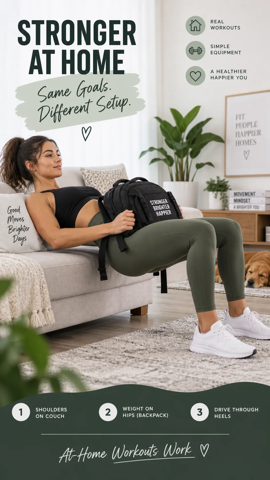 Woman performing a hip thrust using a couch as support and a heavy backpack on her hips in a clean modern living room, demonstrating at-home workout modification