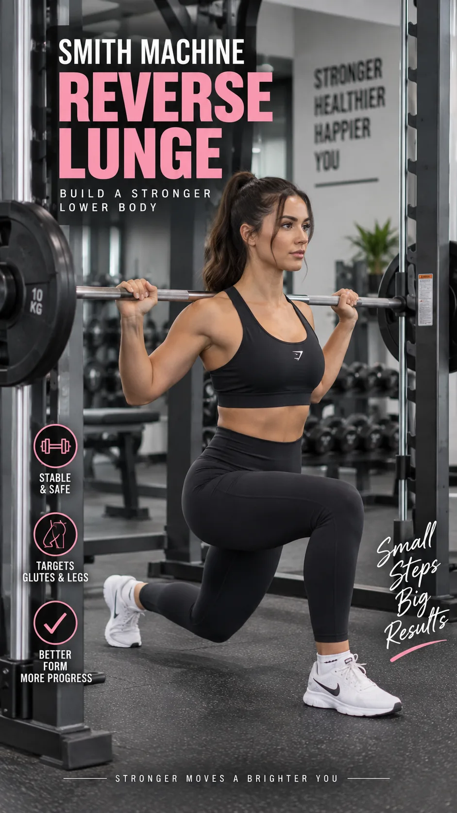 Person performing a Smith Machine reverse lunge, stepping one leg behind while holding the barbell across their upper back, capturing the deep lunge position with proper form in a clean modern gym