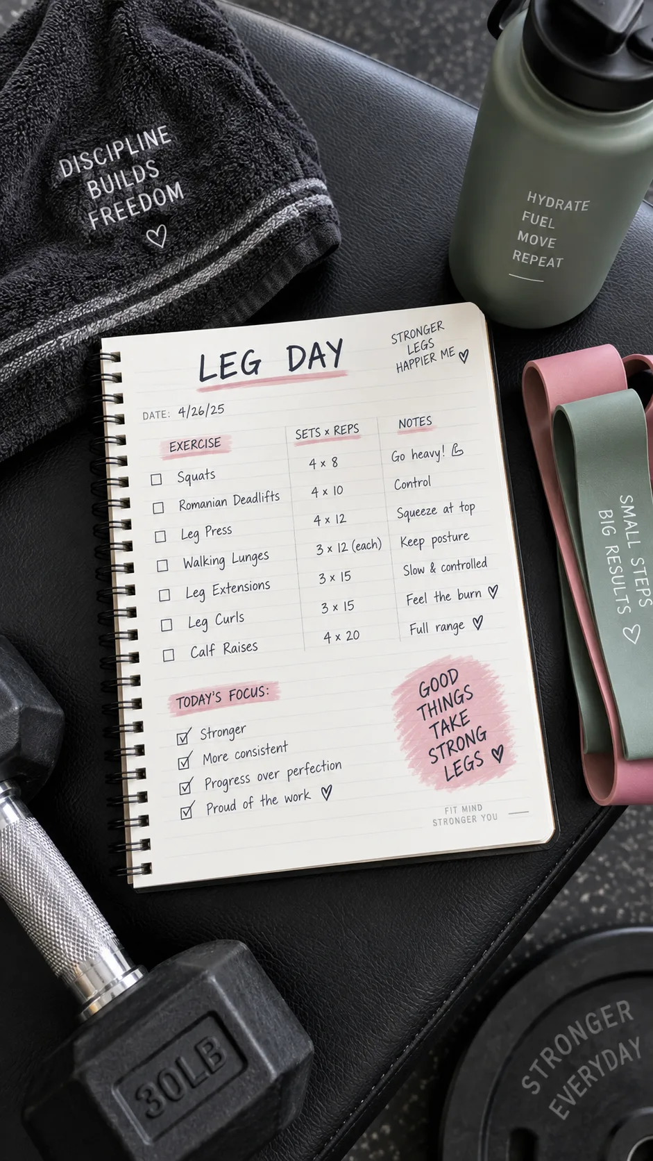 Overhead flat-lay style view of a workout journal page showing a written leg day routine, with a gym towel, water bottle, and resistance bands arranged around it on a gym bench