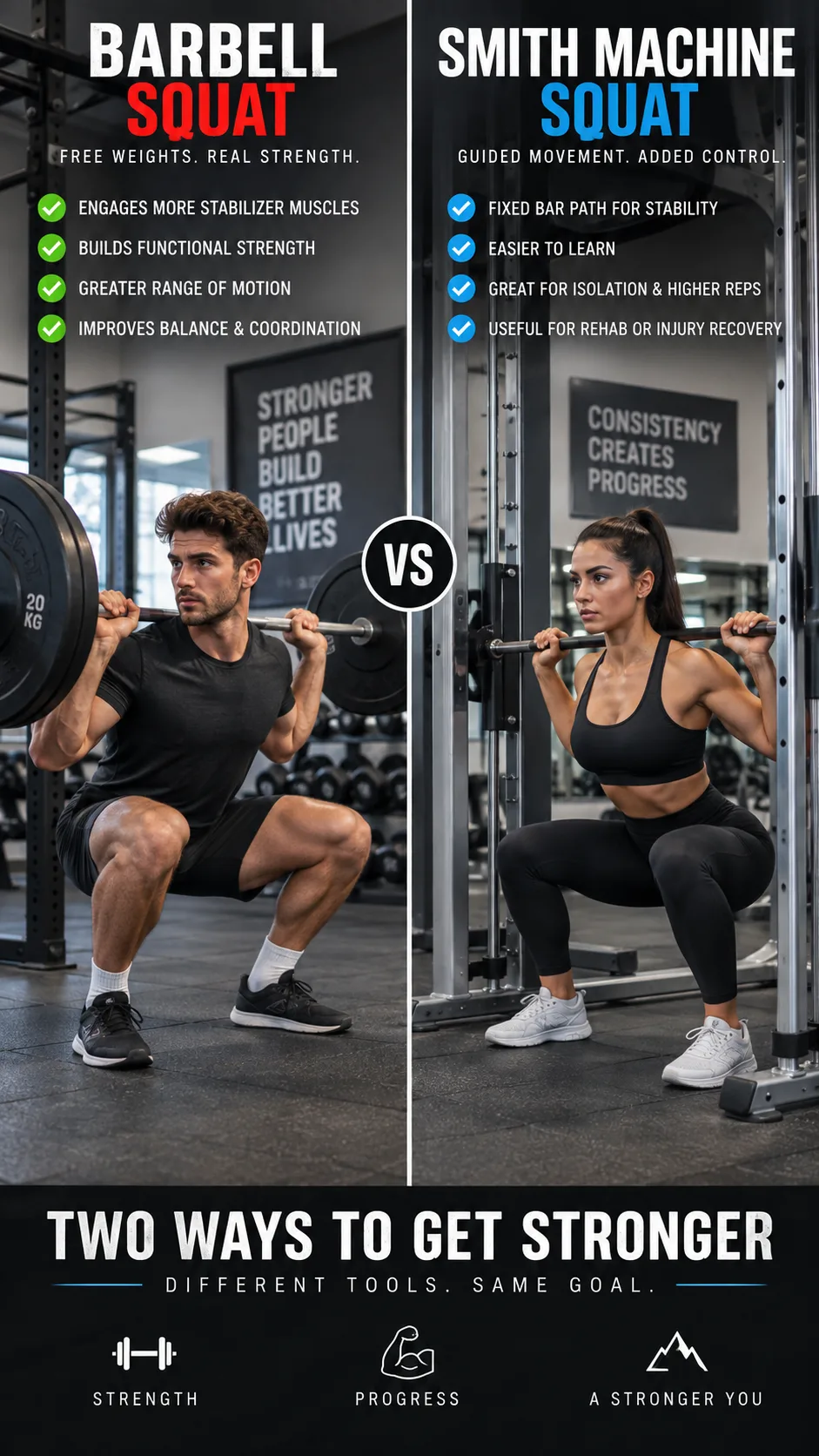 Split image showing a person doing a barbell free-weight squat on one side and a Smith Machine squat on the other side, highlighting the comparison between the two training methods in a professional gym setting