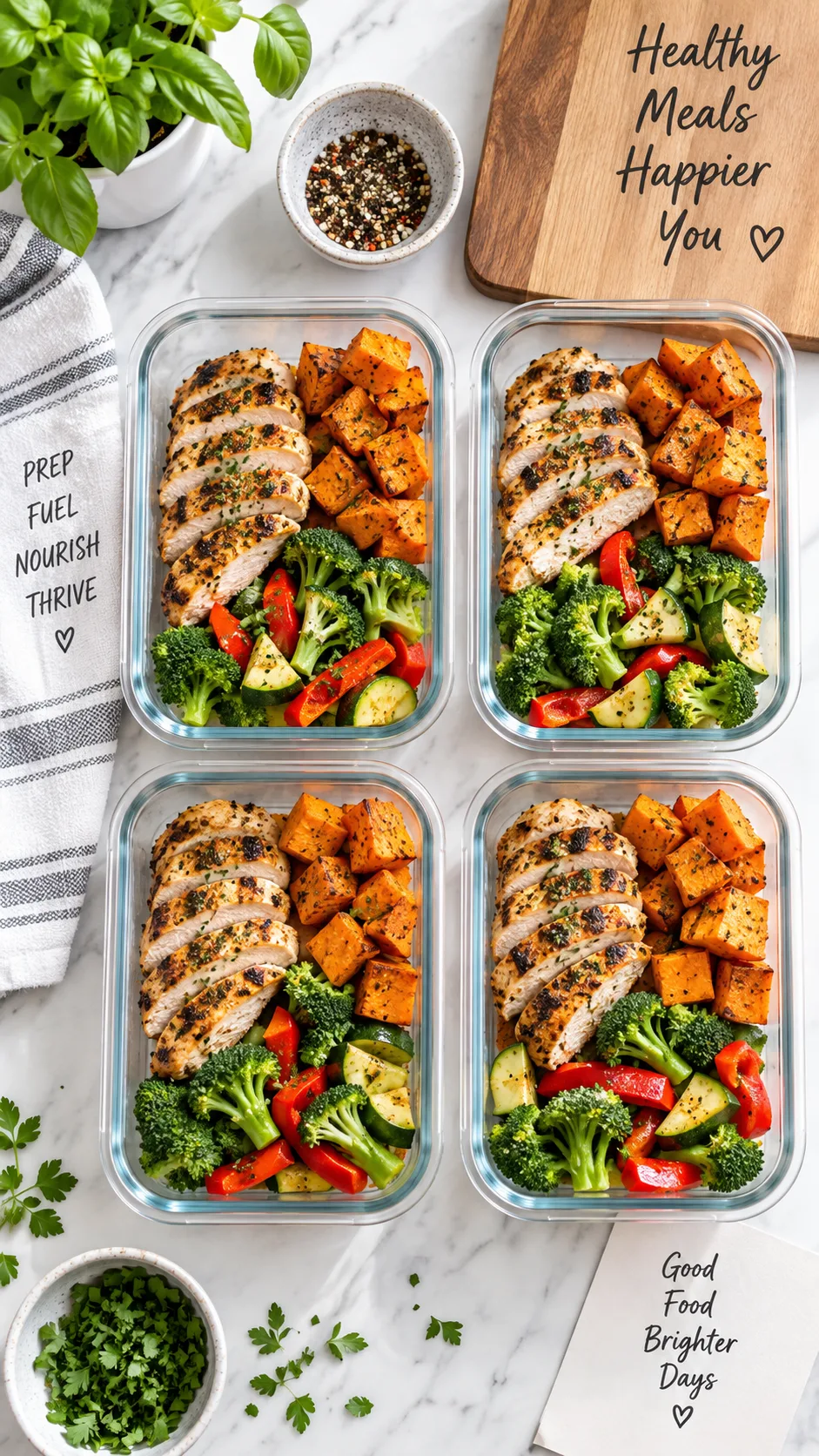 Healthy high-protein meal prep containers with grilled chicken, sweet potatoes, and vegetables on kitchen counter, bright natural lighting, overhead shot