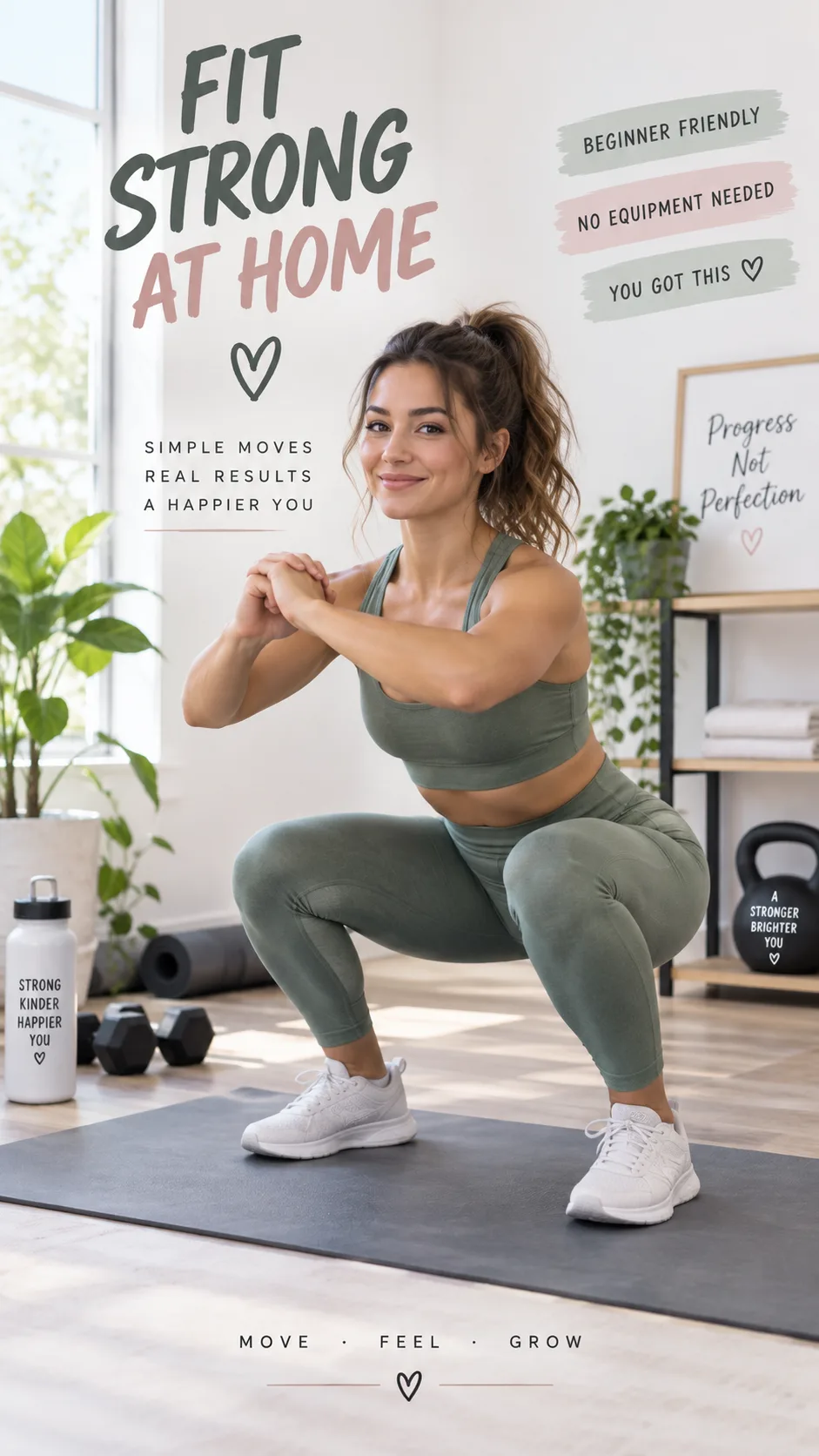 Young woman in athletic wear performing a beginner-friendly bodyweight exercise in a bright, minimalist home gym setting, soft natural lighting, encouraging and approachable fitness atmosphere