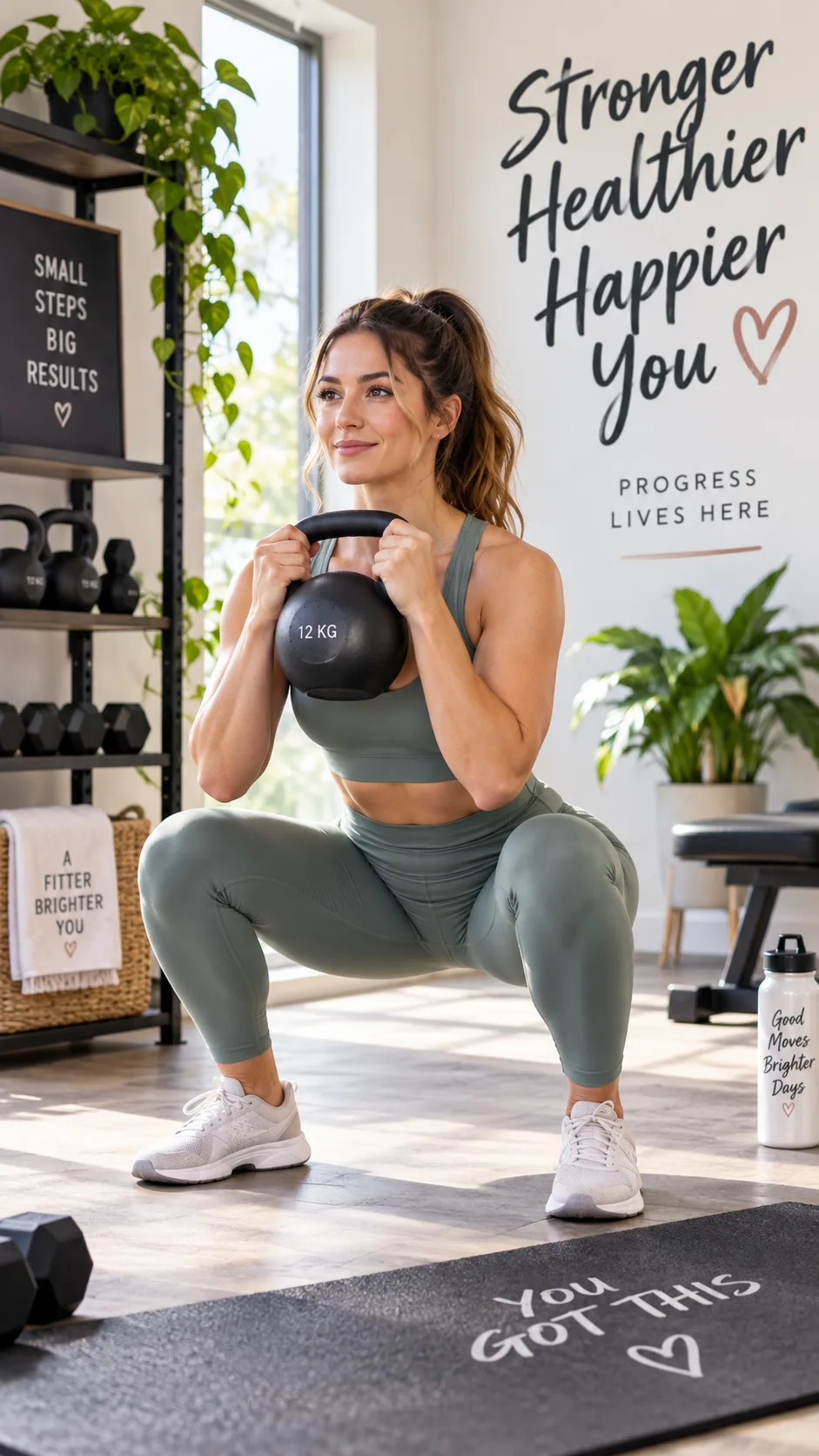 A woman performing a kettlebell goblet squat in a well-lit home gym, proper form with upright torso, athletic wear, bright and motivating environment