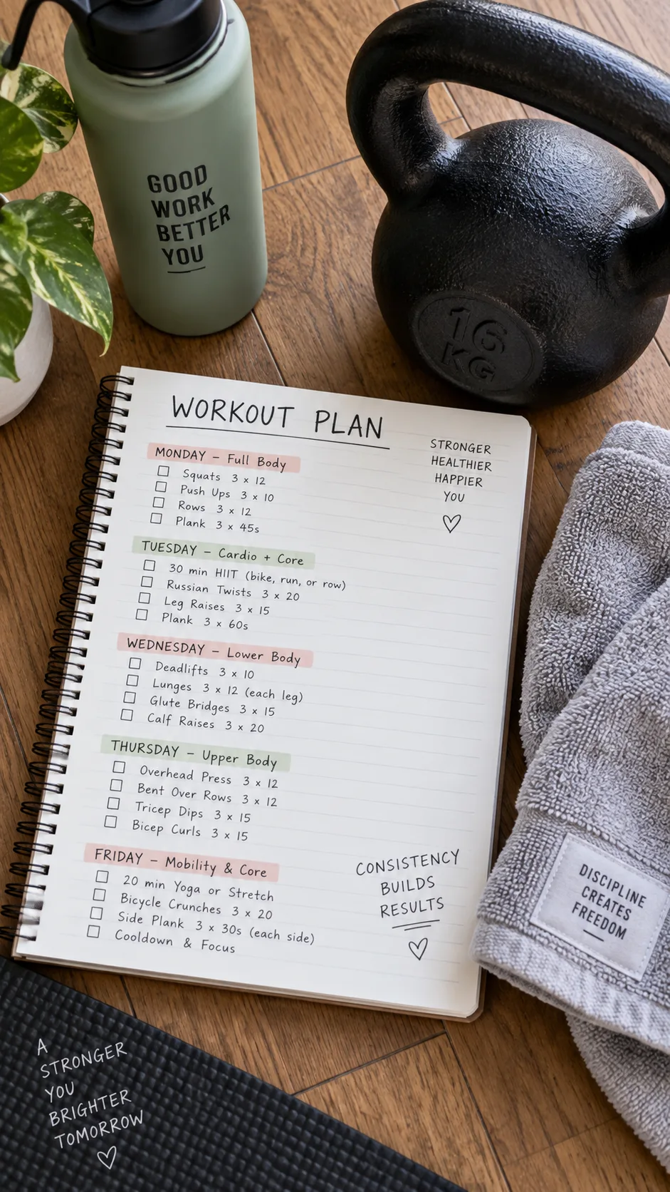 An overhead view of a workout plan written on a notebook next to a kettlebell on a wooden floor, with a water bottle and towel nearby, clean and organized aesthetic