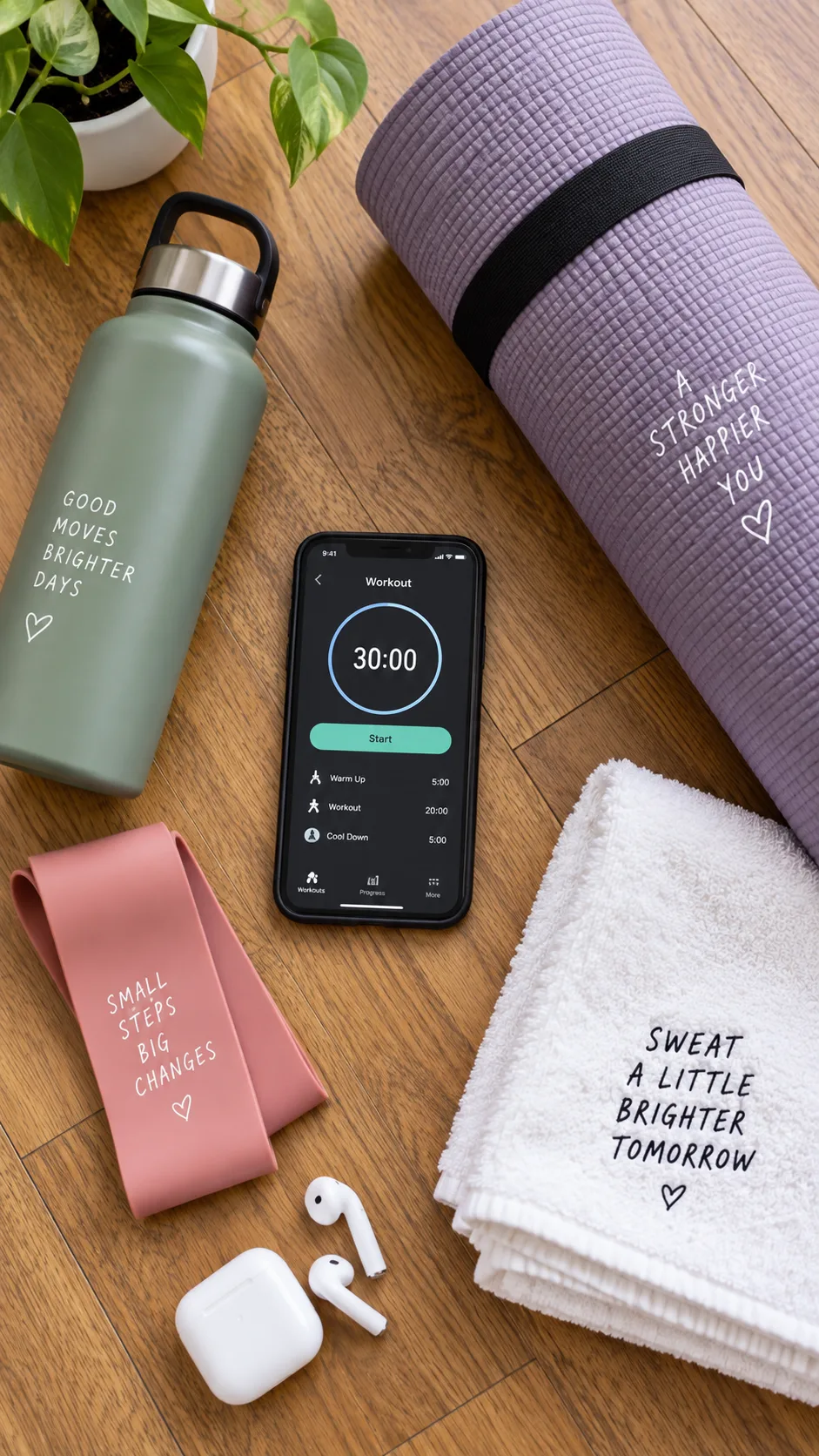Flat lay of beginner workout essentials: water bottle, yoga mat, resistance band, smartphone with timer app, towel, and wireless earbuds arranged neatly on hardwood floor, bright clean photography