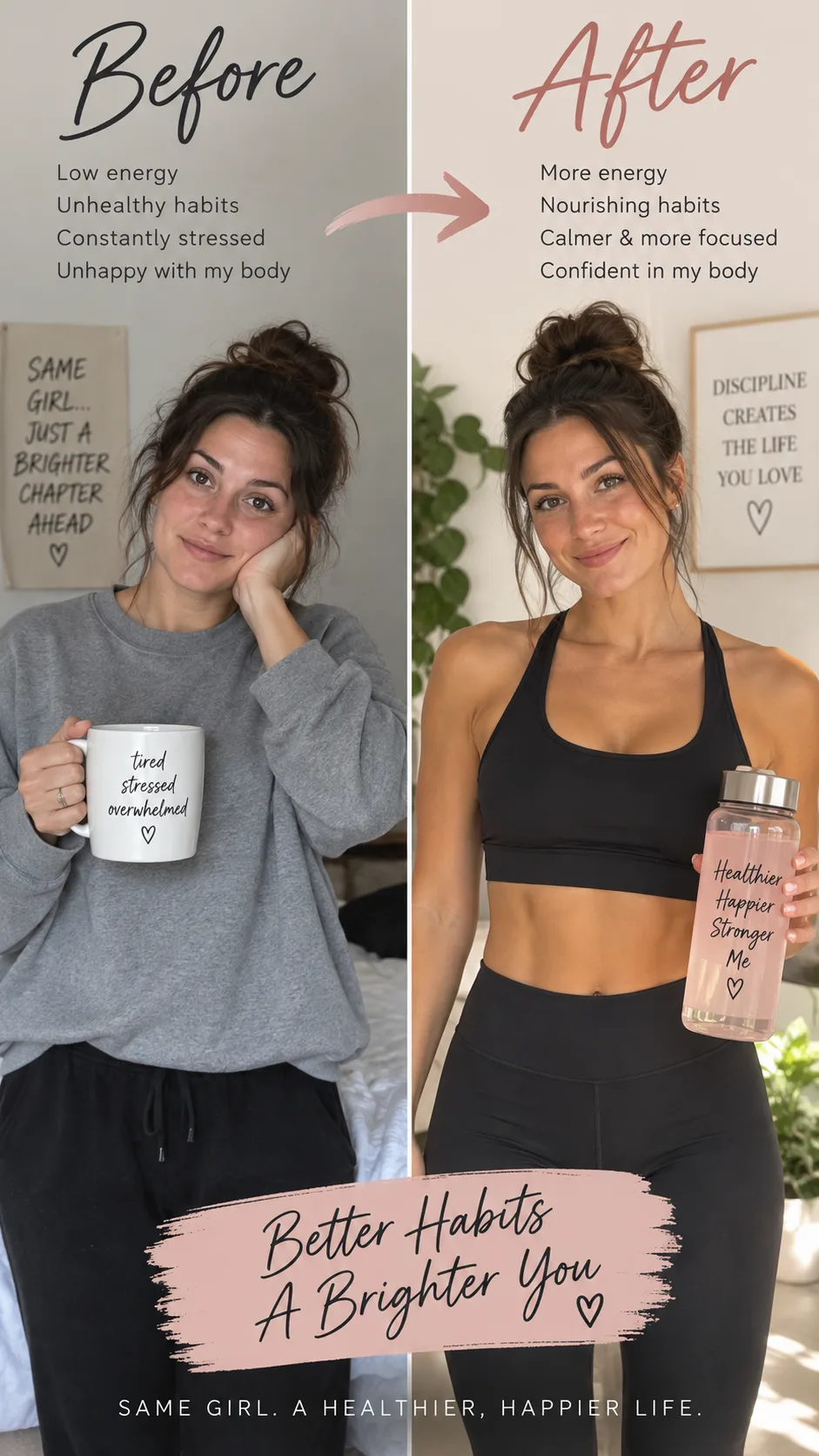 A before-and-after style split image showing a woman