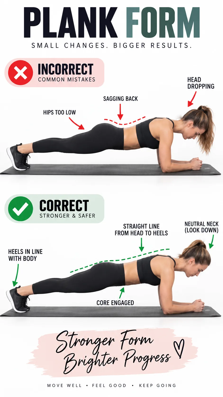 Split image showing incorrect vs correct plank form, woman demonstrating both positions on exercise mat, educational fitness photography with clean white background, instructional style