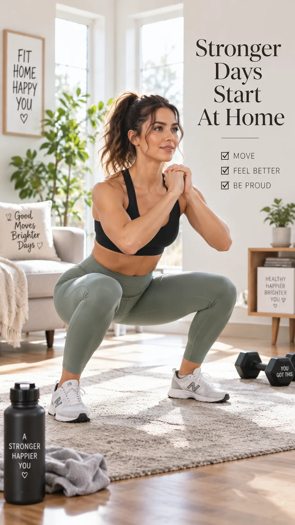 A fit woman in athletic wear performing a bodyweight squat in a bright, airy living room with minimal furniture pushed aside, natural light streaming through windows, motivational home workout atmosphere, editorial fitness photography style