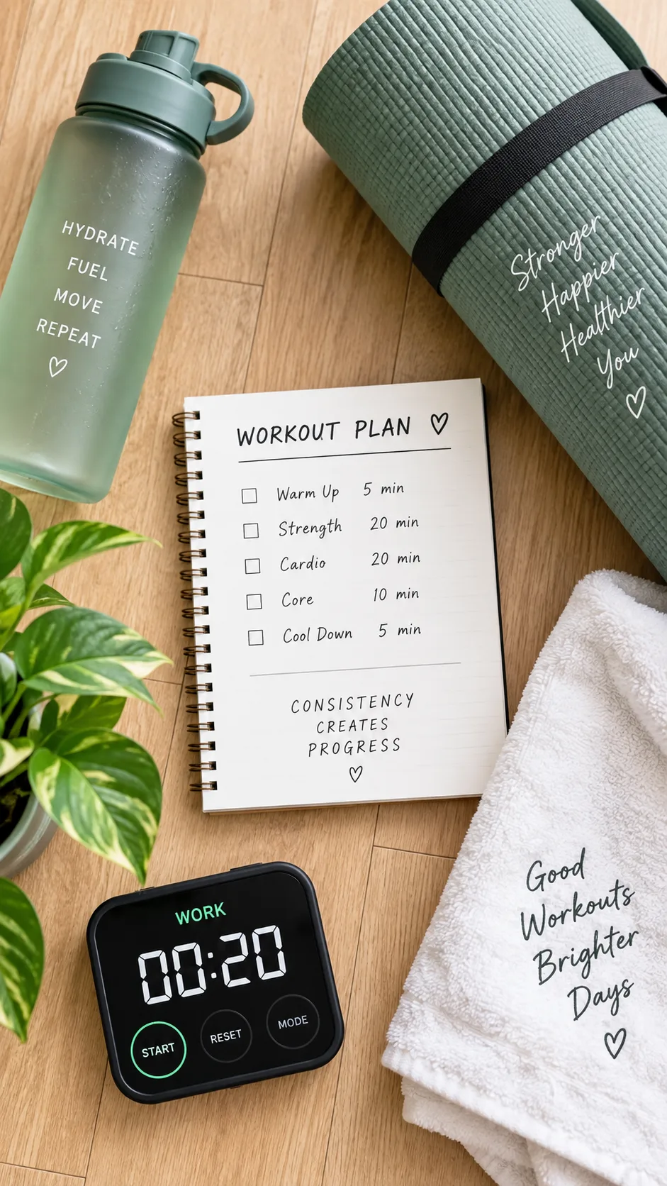 Overhead flat-lay fitness infographic style photo showing a workout timer, water bottle, yoga mat, and a towel arranged on a clean wooden floor, bright and minimal aesthetic, fitness planning concept