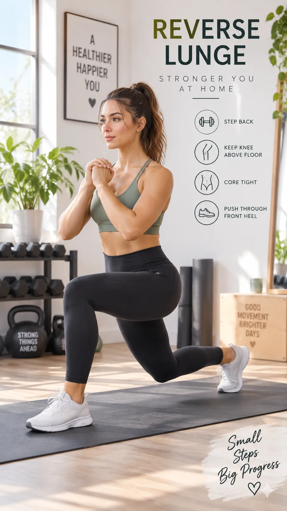 A woman performing a reverse lunge in her home gym space, wearing athletic leggings and a sports bra, proper form with back knee hovering above the floor, bright natural lighting, fitness tutorial photography style