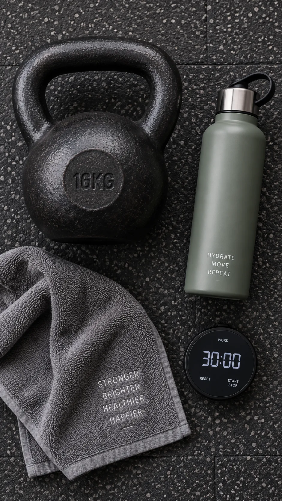 Flat lay arrangement of a single kettlebell, water bottle, workout towel, and timer on a gym floor, overhead shot, clean minimal fitness photography
