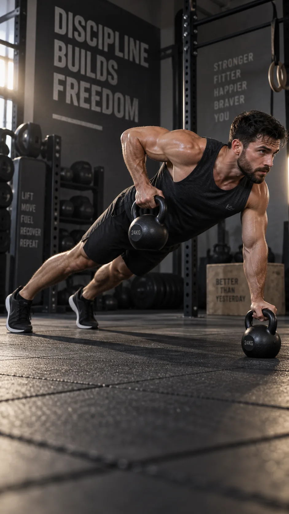 Muscular person performing a renegade row with kettlebells in a plank position on a gym floor, side angle showing full body alignment and rowing motion, dramatic gym lighting