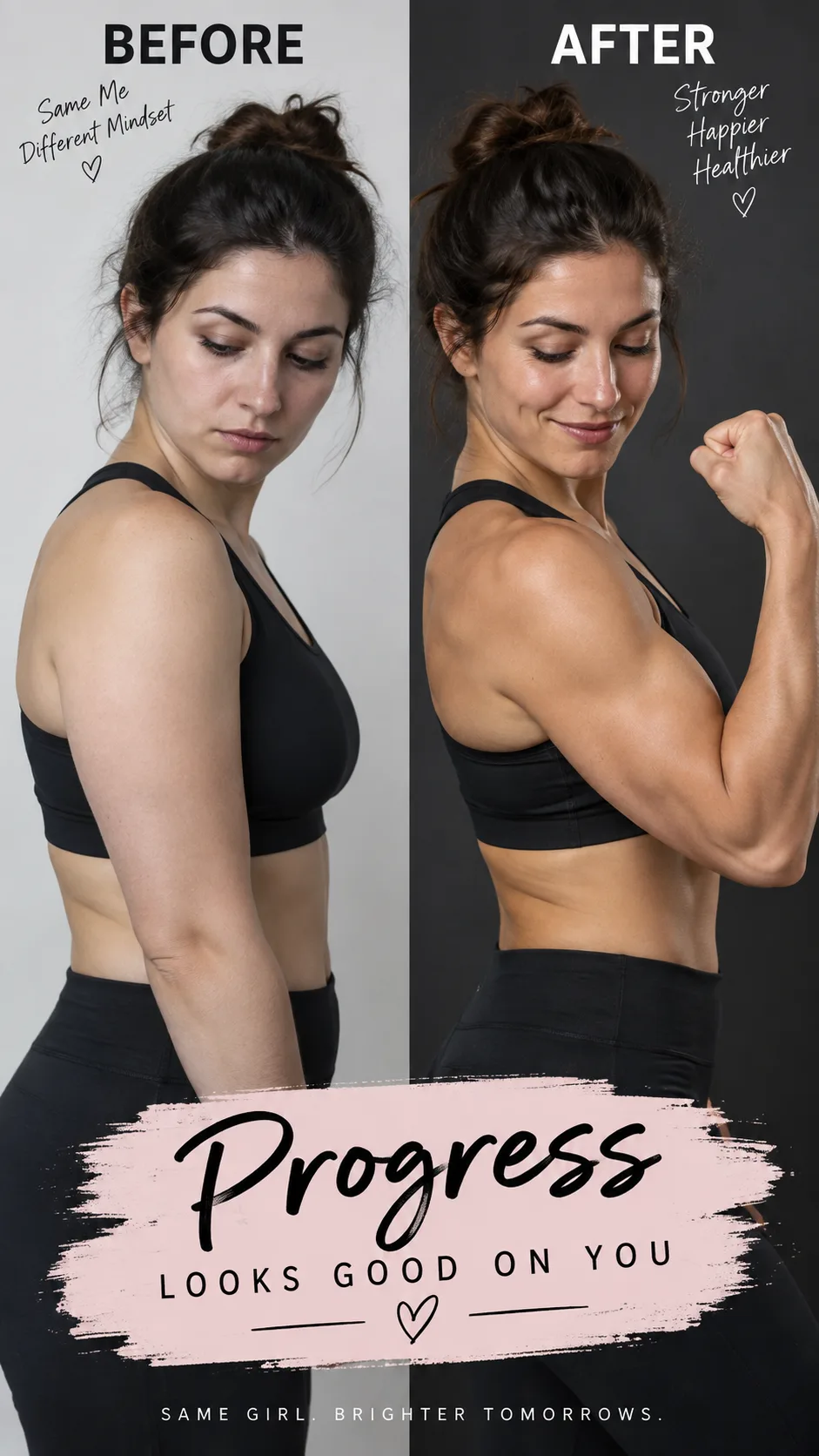 Before and after style comparison showing arm muscle definition progress, fitness transformation photography, clean studio lighting, motivational fitness content