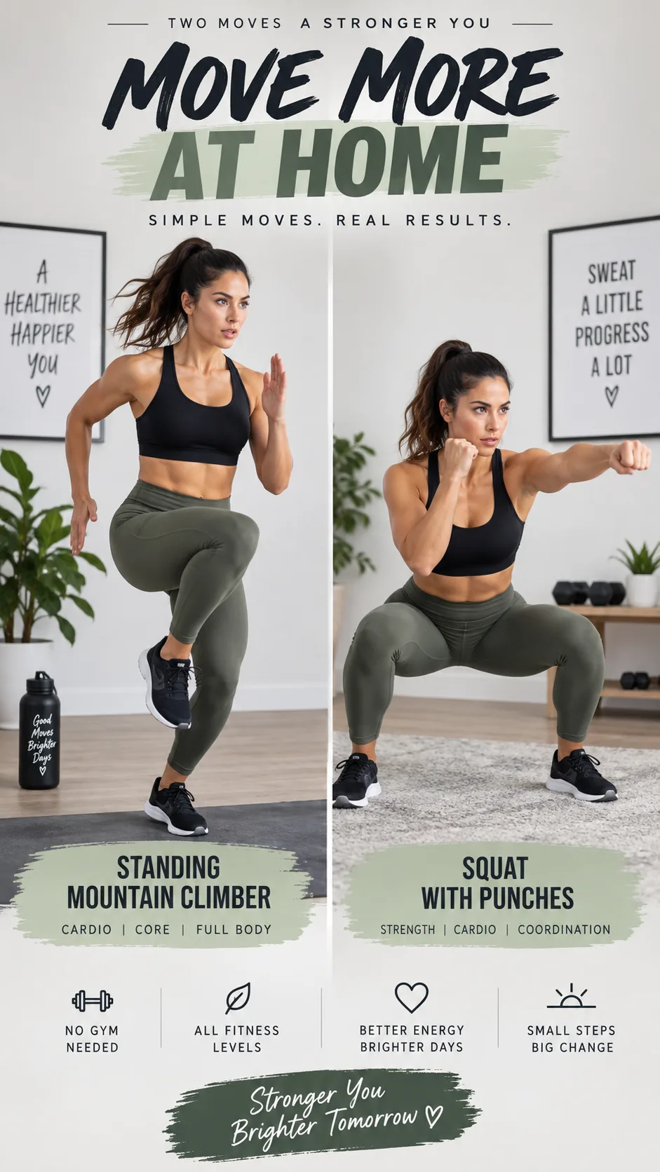 A dynamic split-image showing two exercises side by side: a standing mountain climber on the left and a squat with punches on the right, both performed by an athletic person in a minimalist home setting