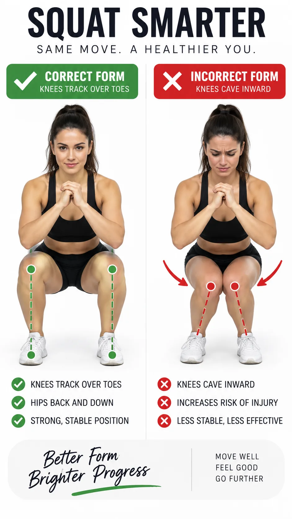 Side-by-side comparison showing correct squat form with knees tracking over toes versus incorrect form with knees caving inward, annotated with subtle visual cues, clean white background