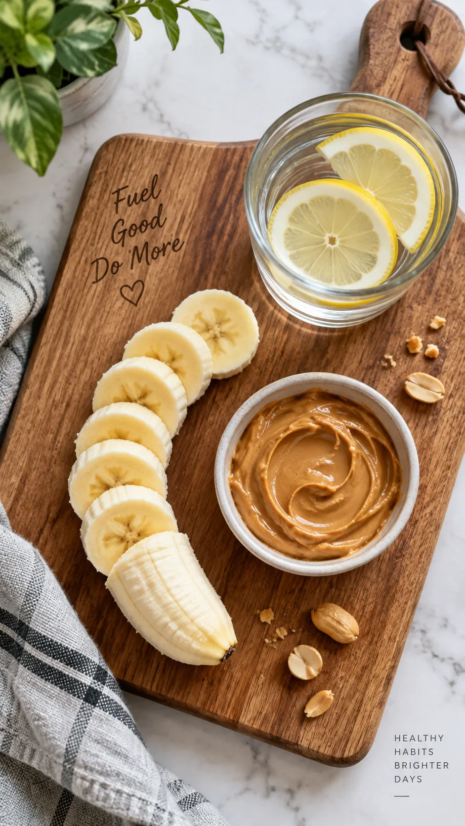 A flat lay photograph of a simple pre-workout snack on a wooden cutting board: a sliced banana with peanut butter, a glass of water with lemon, shot from directly above with soft natural lighting