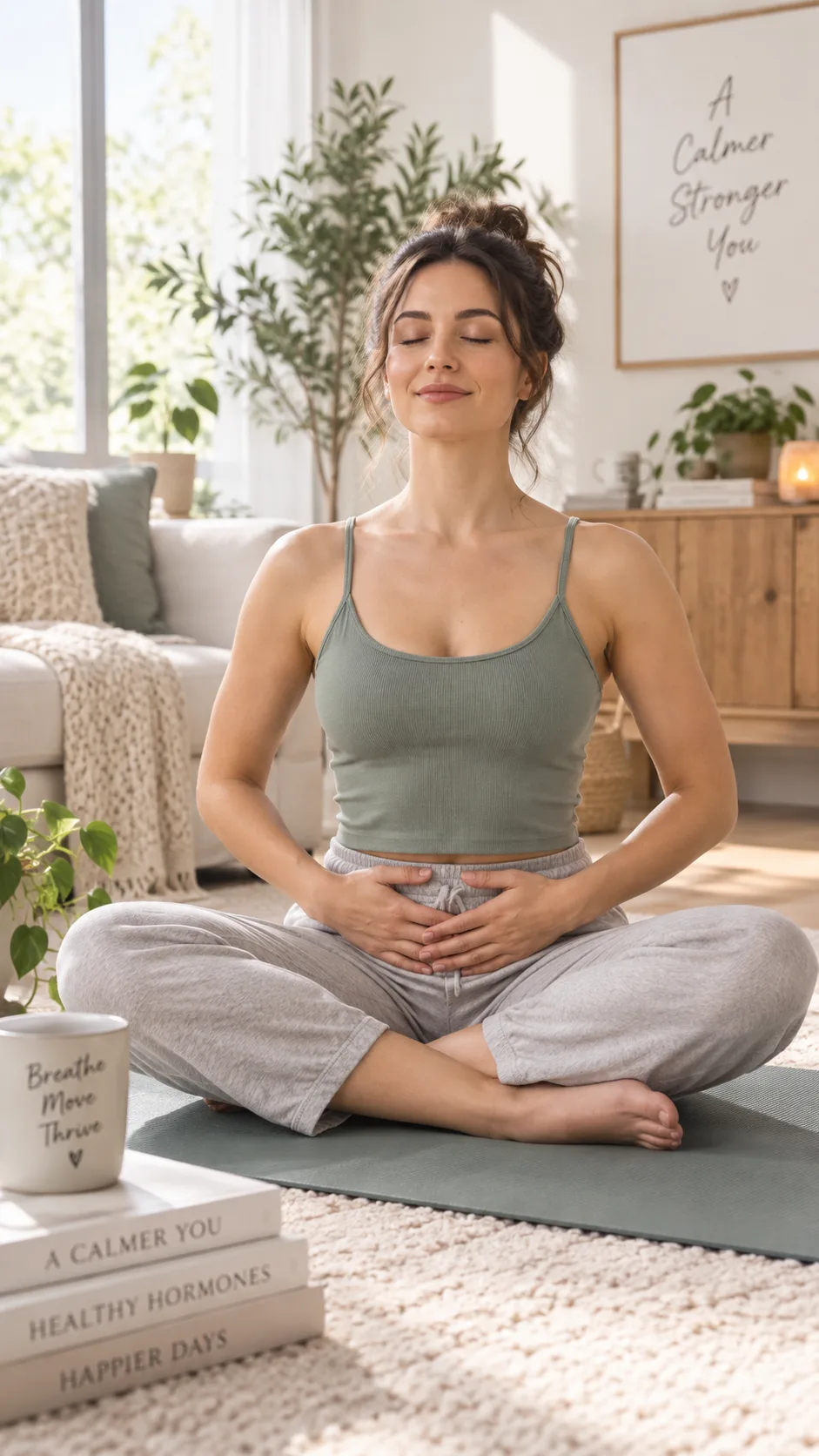 A calm woman sitting cross-legged on a yoga mat in a bright, airy living room, eyes closed, hands resting on her lower abdomen, practicing deep breathing for pelvic floor relaxation, soft natural lighting, peaceful atmosphere