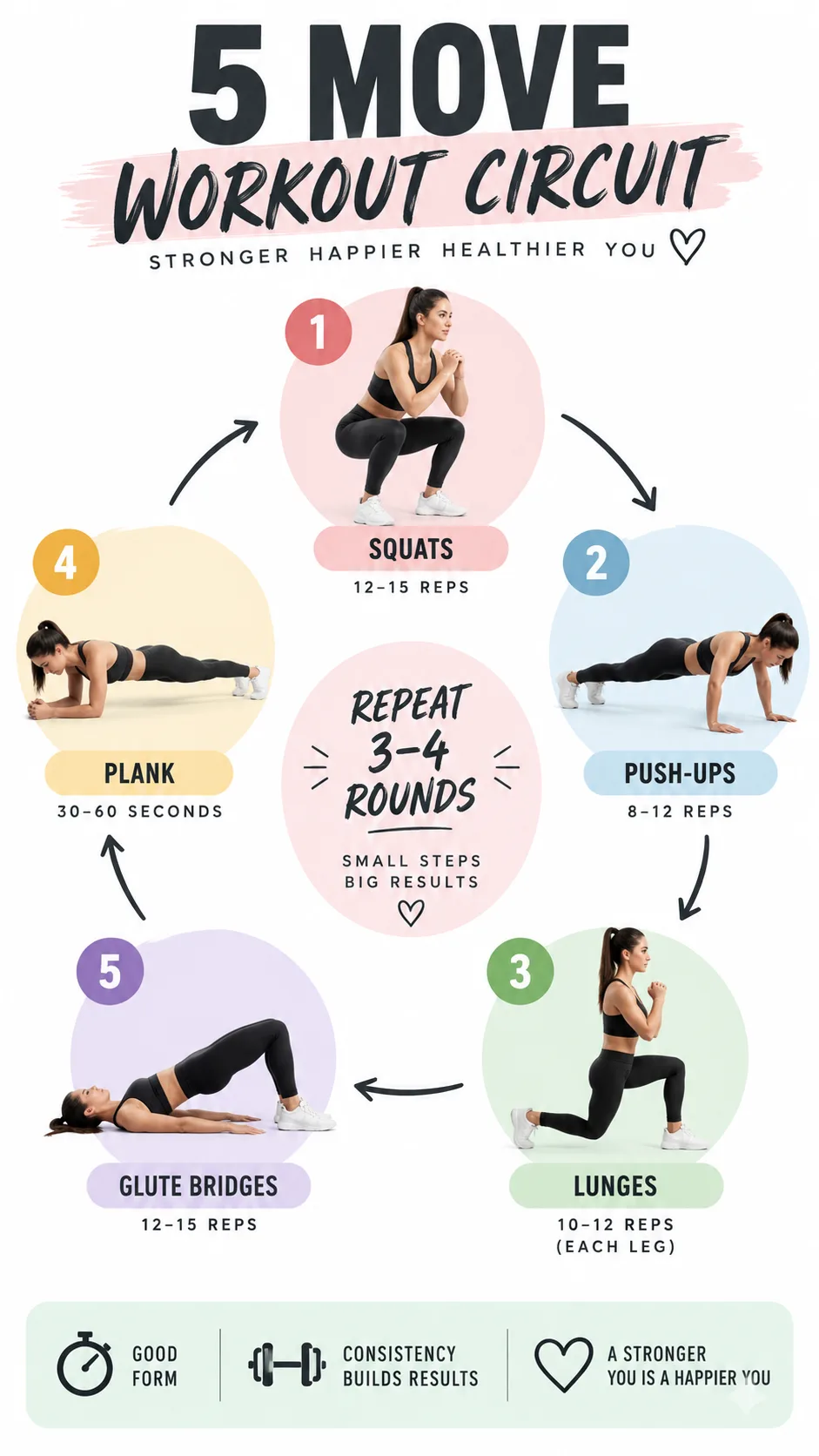 An infographic-style flat lay showing a simple workout circuit with exercise icons including squats, push-ups, lunges, planks, and glute bridges arranged in a circular flow pattern on a clean white background
