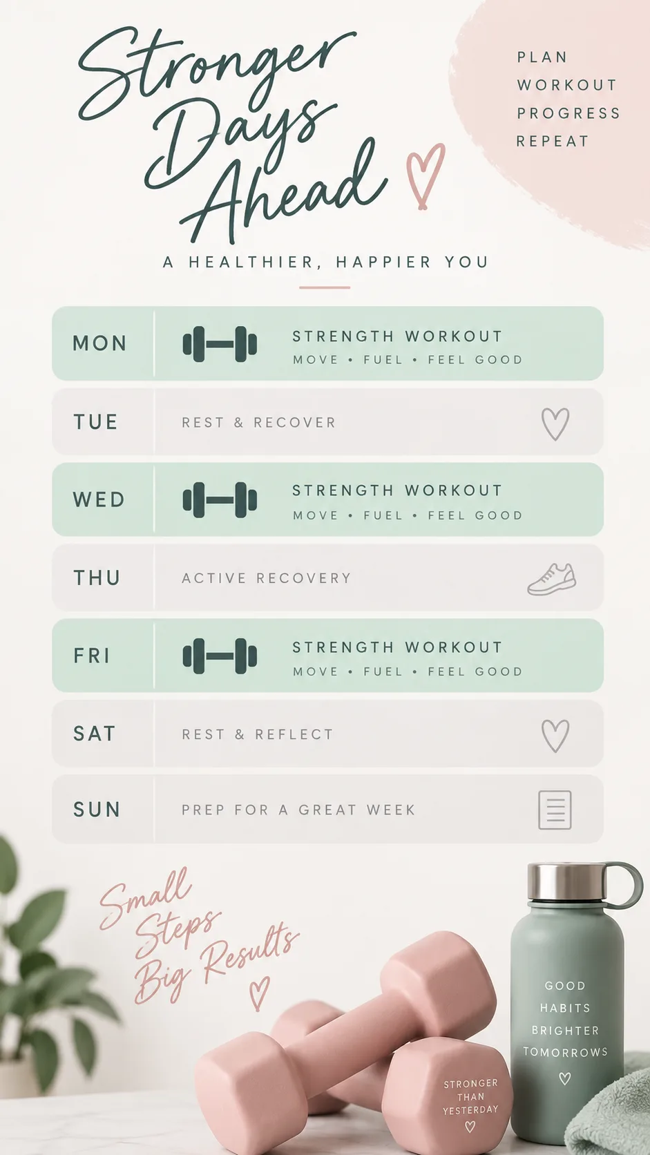 A weekly calendar layout showing Monday, Wednesday, Friday highlighted with dumbbell icons, clean minimalist design, pastel colors, fitness planning concept