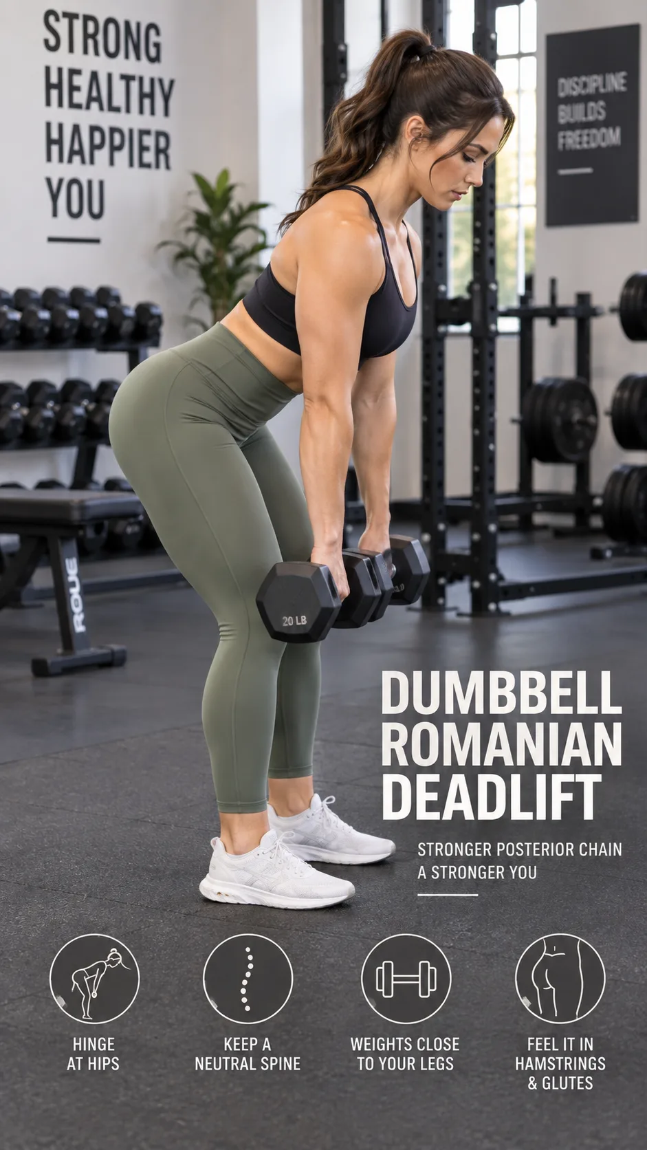 A woman performing a dumbbell Romanian deadlift in a well-lit gym, proper form demonstration, side angle view, athletic wear, focused expression, clean gym background