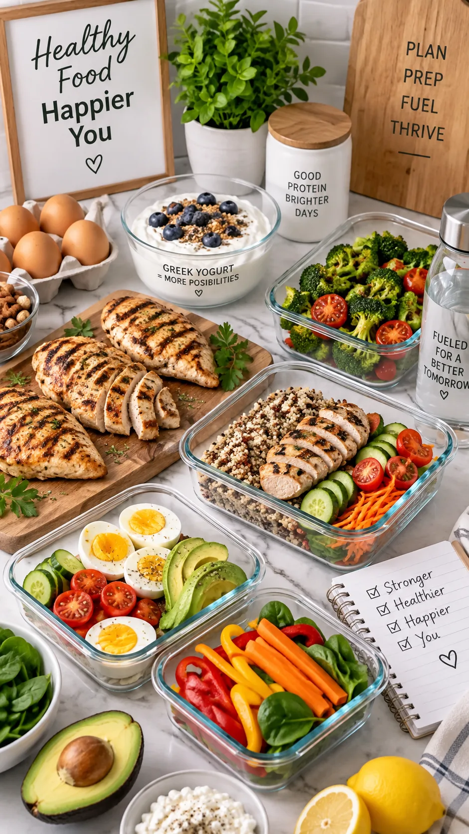 A meal prep spread with high-protein foods including grilled chicken, eggs, Greek yogurt, and fresh vegetables on a clean kitchen counter, bright overhead lighting, healthy lifestyle concept