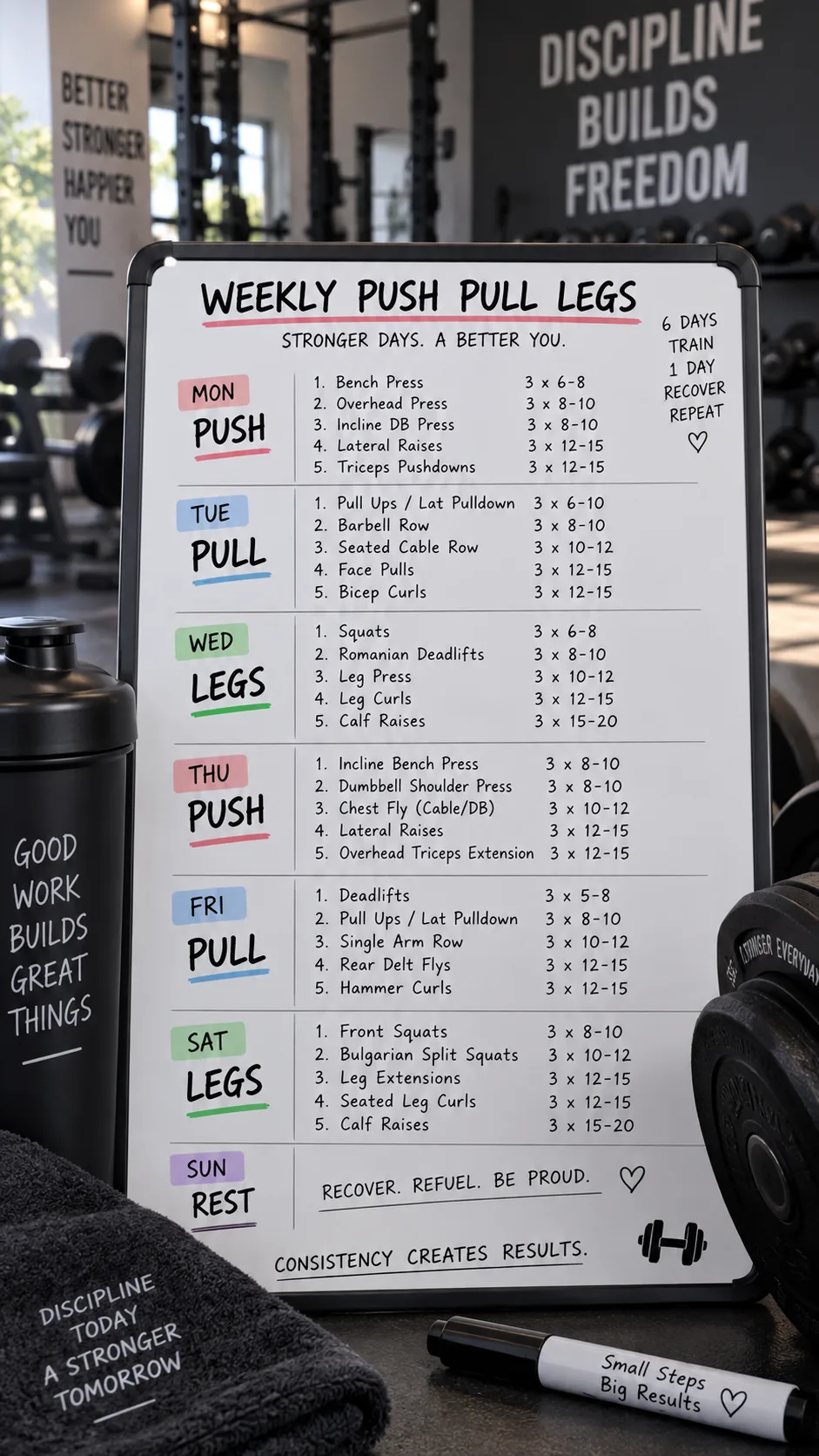 Whiteboard or notebook showing a weekly push pull legs workout schedule written out clearly, gym setting in soft focus background