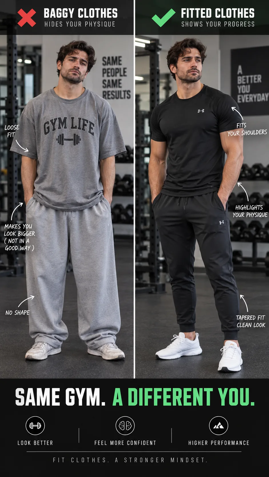 Side-by-side comparison of a man wearing poorly fitted baggy gym clothes versus well-fitted tapered joggers and a slim performance tee, both in a gym environment, showing the visual difference in silhouette and style
