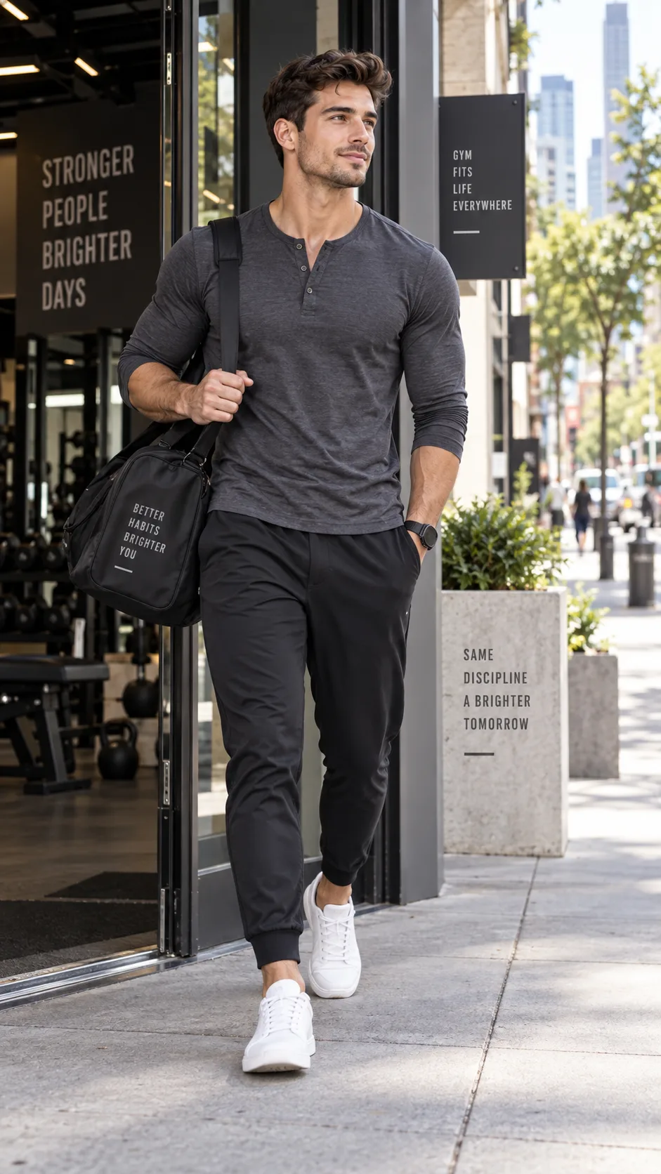 A young athletic man wearing a stylish athleisure outfit consisting of dark tapered joggers, a clean fitted performance henley, and white minimalist sneakers, walking out of a modern gym into a bright urban street, demonstrating gym-to-street versatility