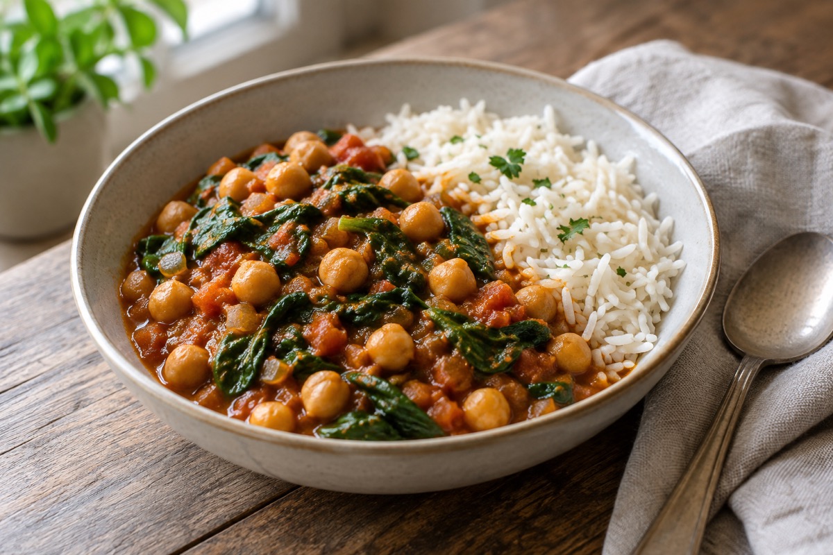 Chickpea and spinach curry in tomato sauce served with basmati rice