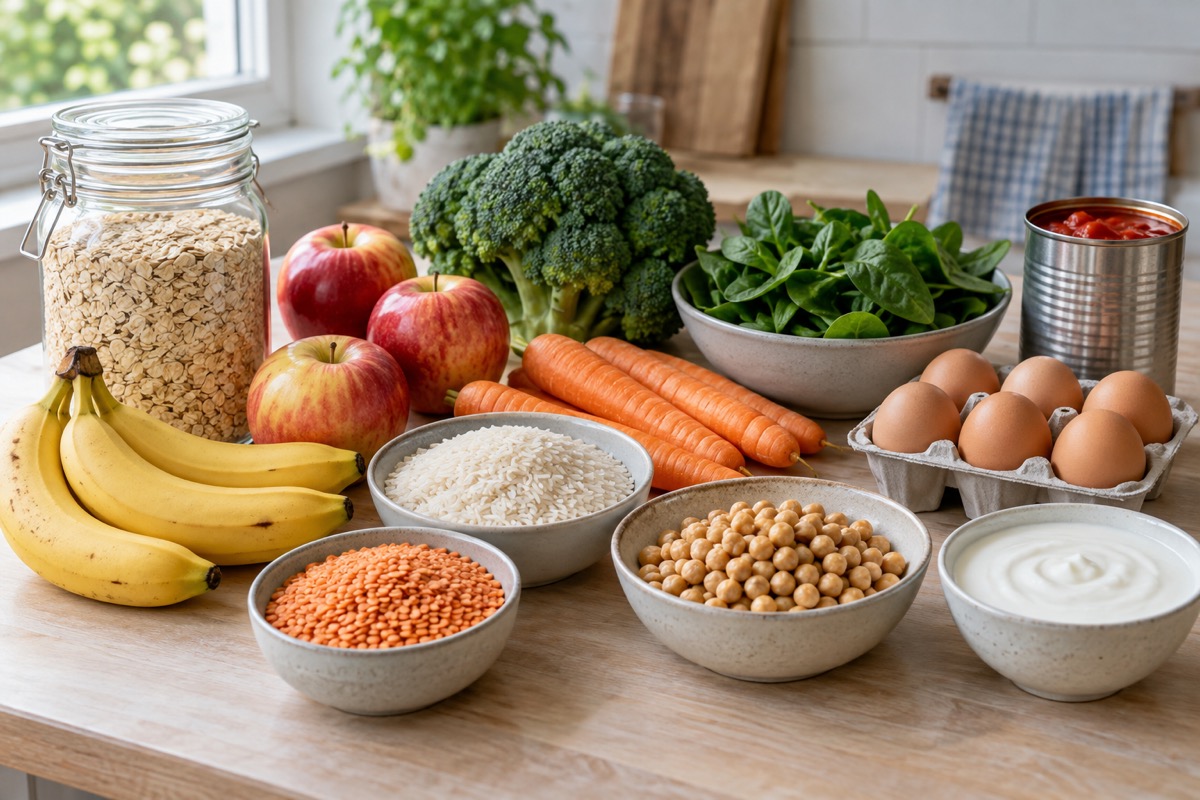 Budget meal-planning staples including oats, lentils, chickpeas, rice, eggs, yogurt, fruit and vegetables