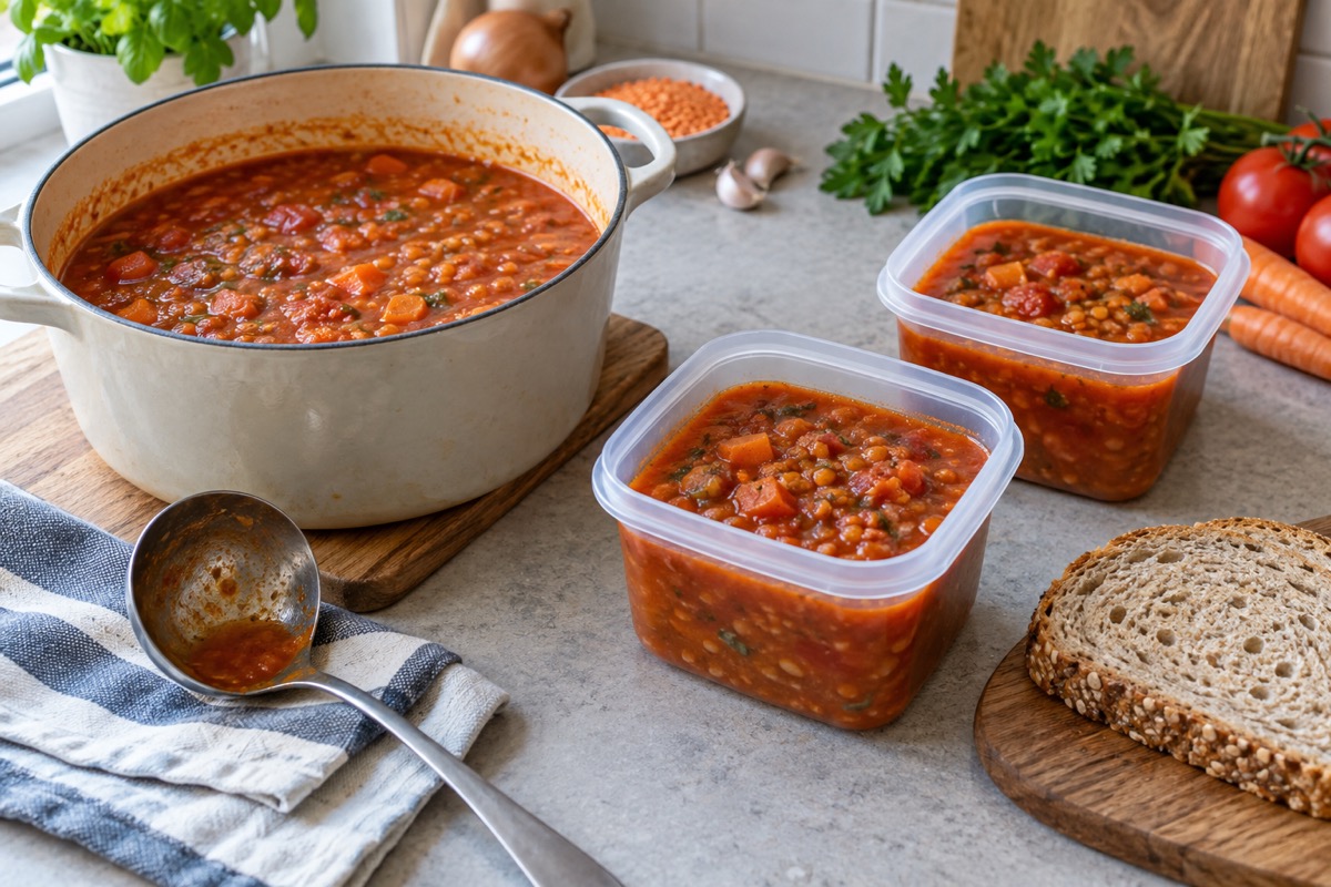 Cooked tomato and red lentil soup in a pot and two portion-sized storage containers